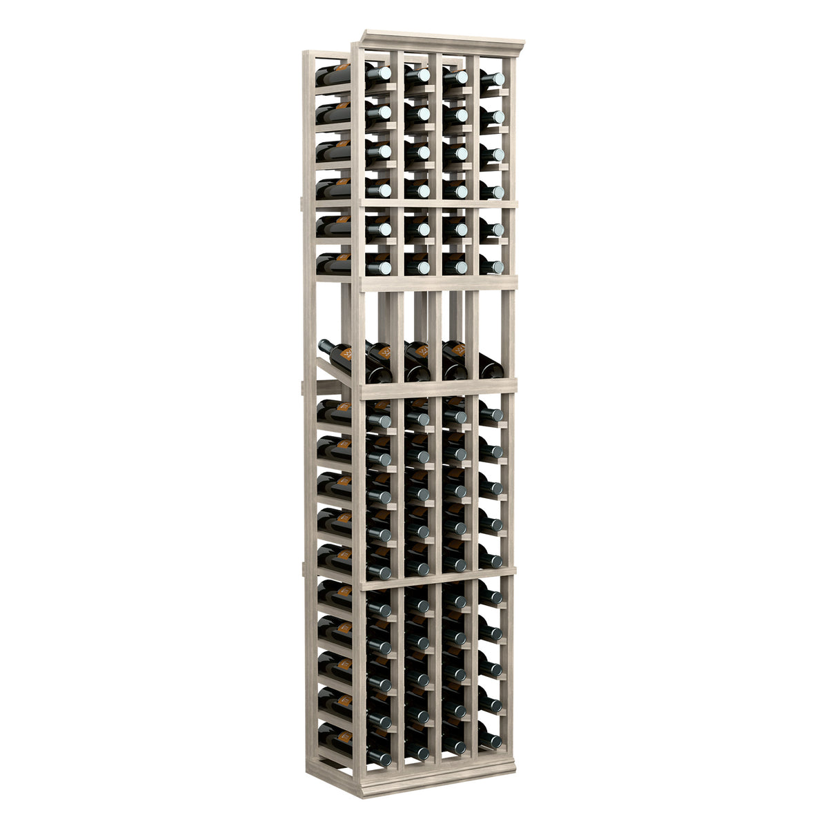Four-column wine bottle display rack with wine bottles in top and lower grid shelves.