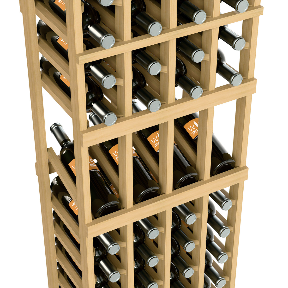 Close-up of a light wood four-column wine rack with bottles standing in square slots.