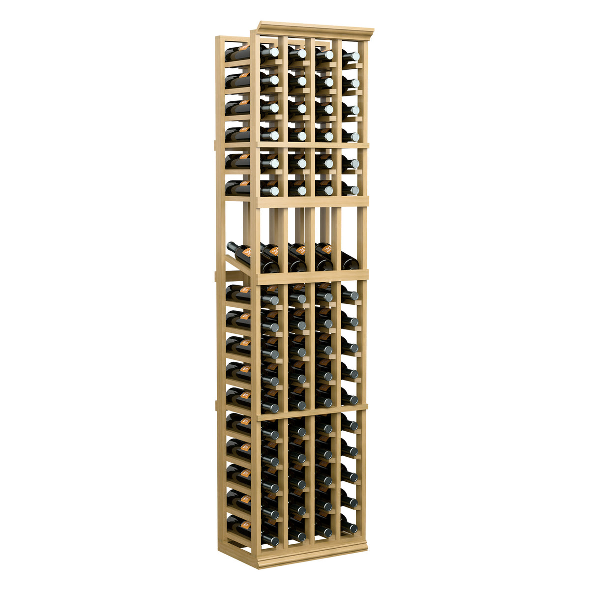 Light wood four-column wine bottle display rack with bottles arranged in vertical grid rows.