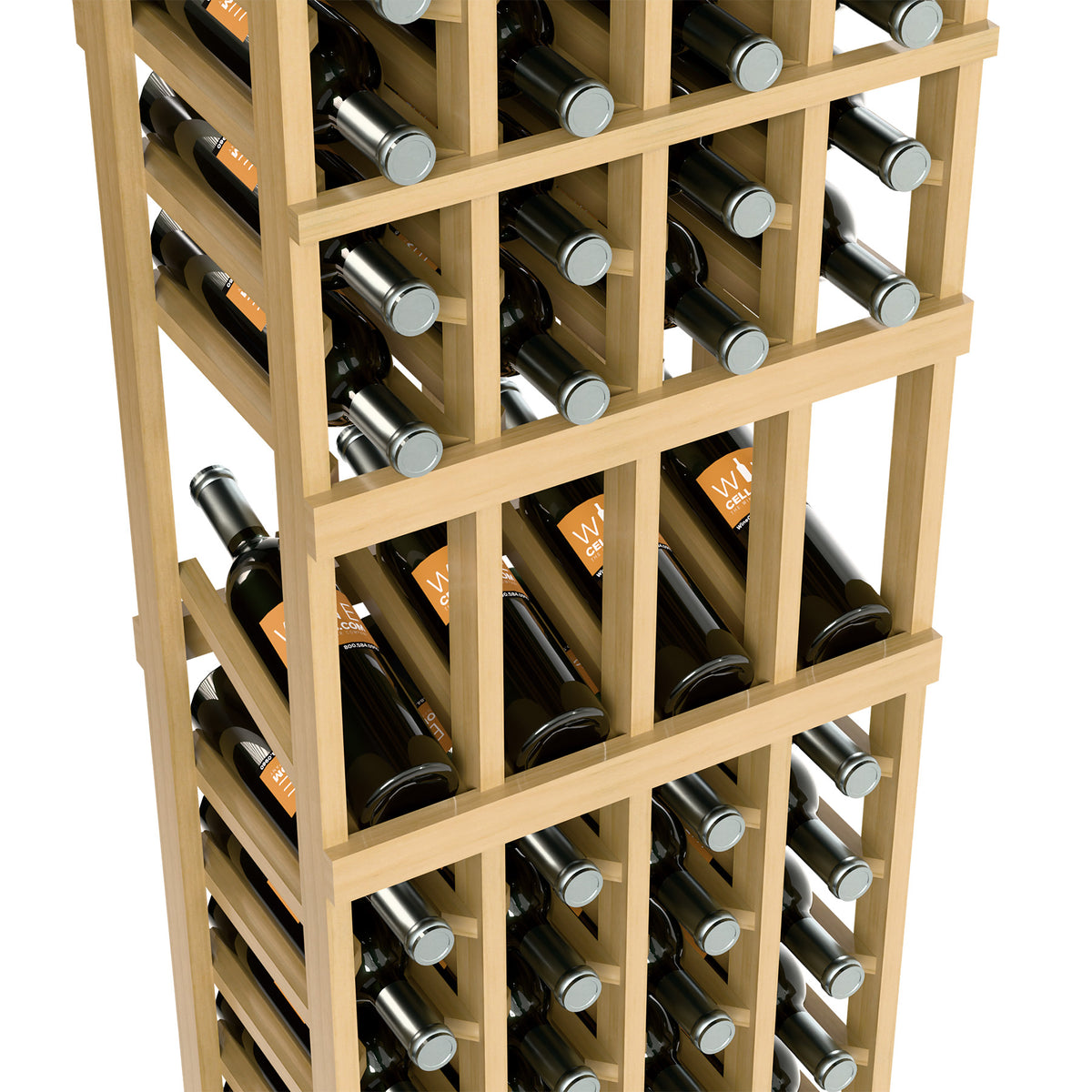 Close-up view of a light wood four-column wine bottle display rack with filled bottle slots.