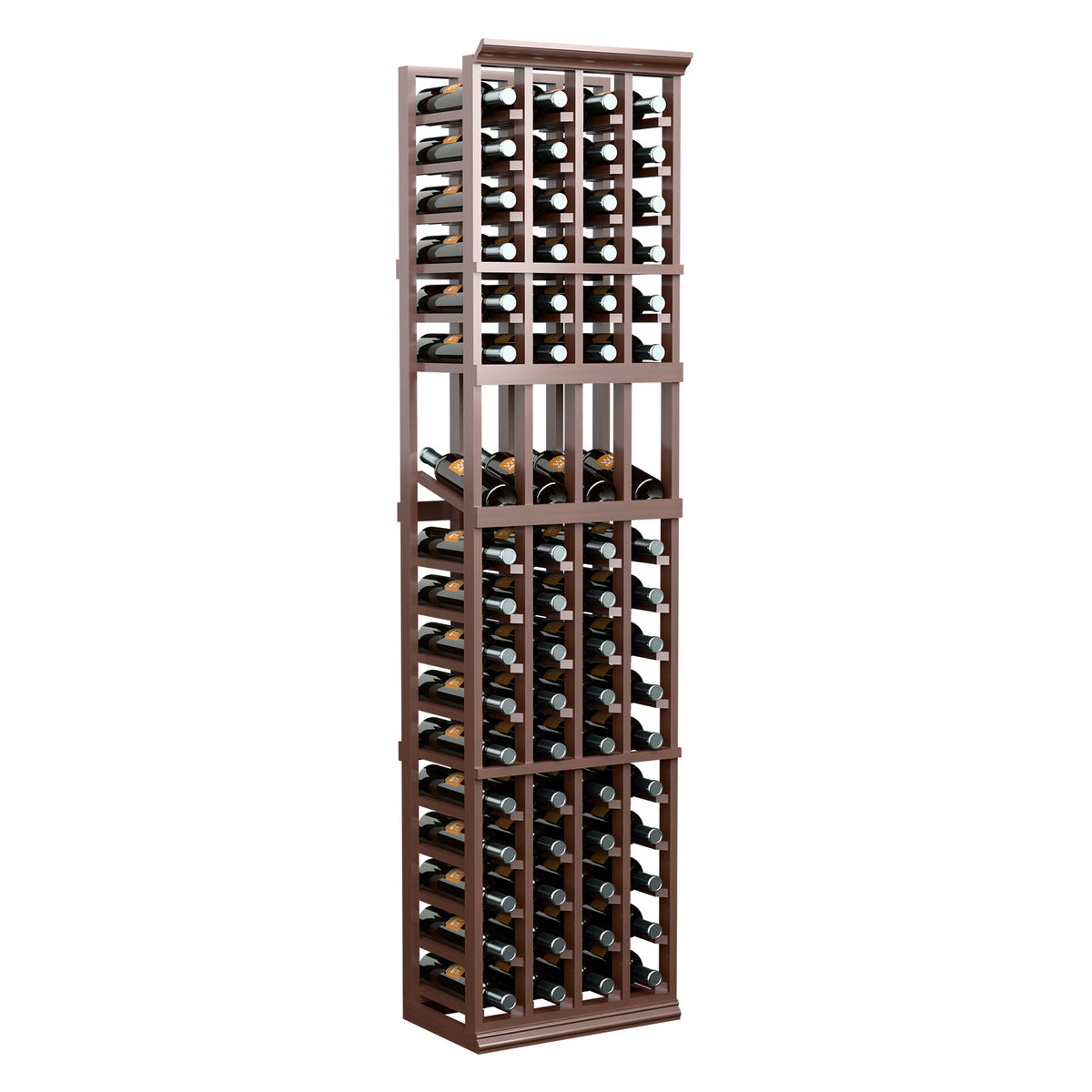 4-column wine bottle display rack with dark wood frame and open bottle slots