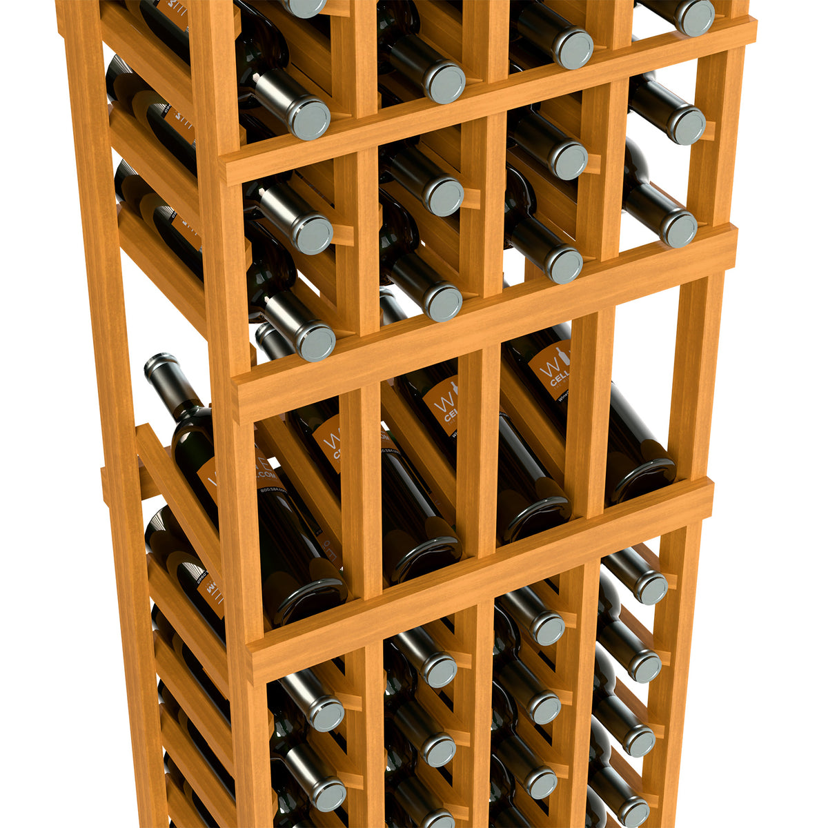 Close-up of light wood wine rack showing bottle rows and grid dividers