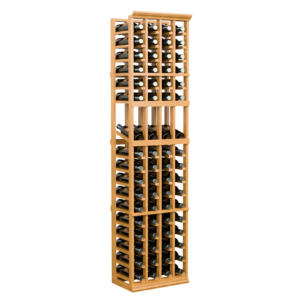 4-column wine bottle rack with light wood finish and front bottle storage grid