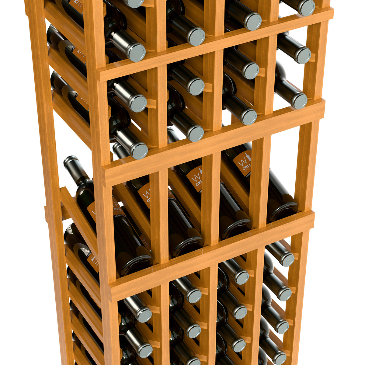 Close-up of light wood wine display rack with bottles stacked in rows