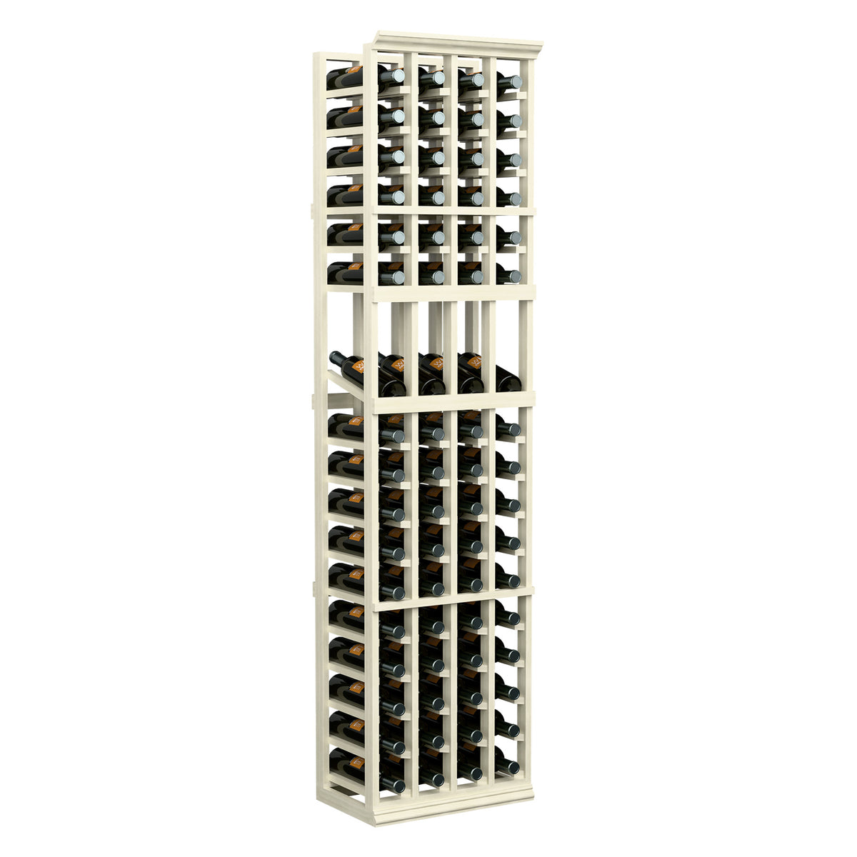 4-column wine bottle rack with white frame and stacked bottle storage bays