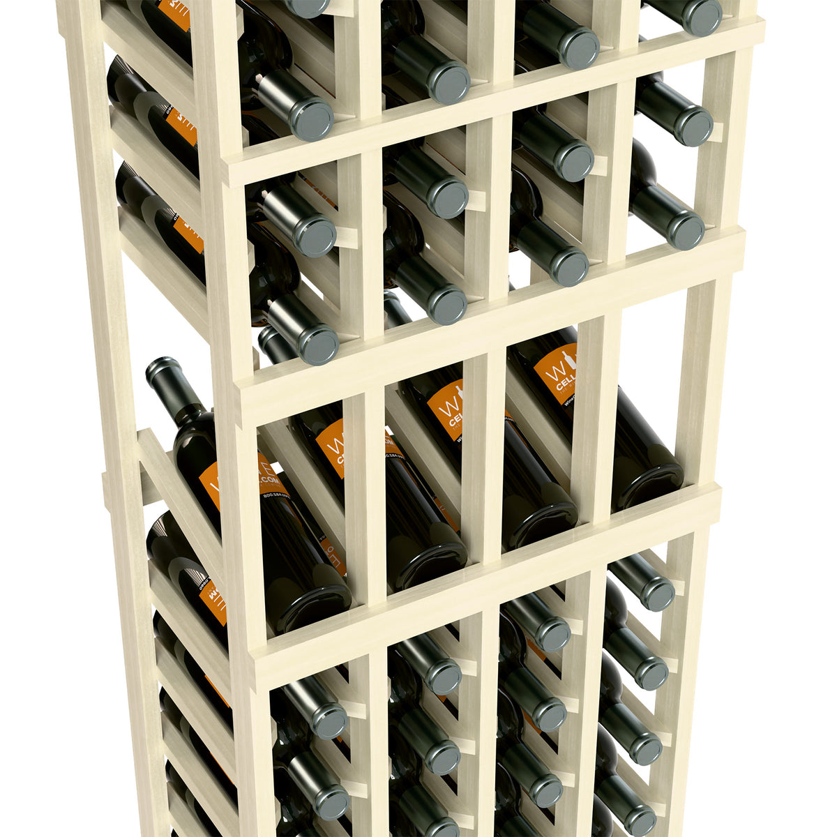 Close-up of white wine display rack with bottles in multiple front-facing rows