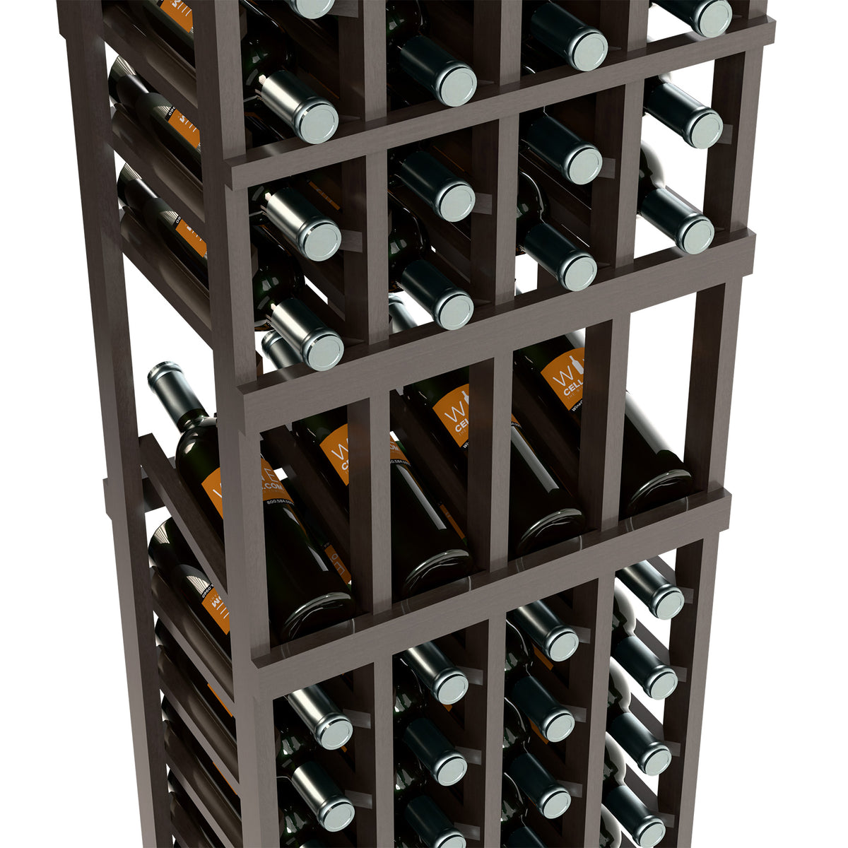 Angle view of dark wine bottle rack with multiple angled bottle compartments