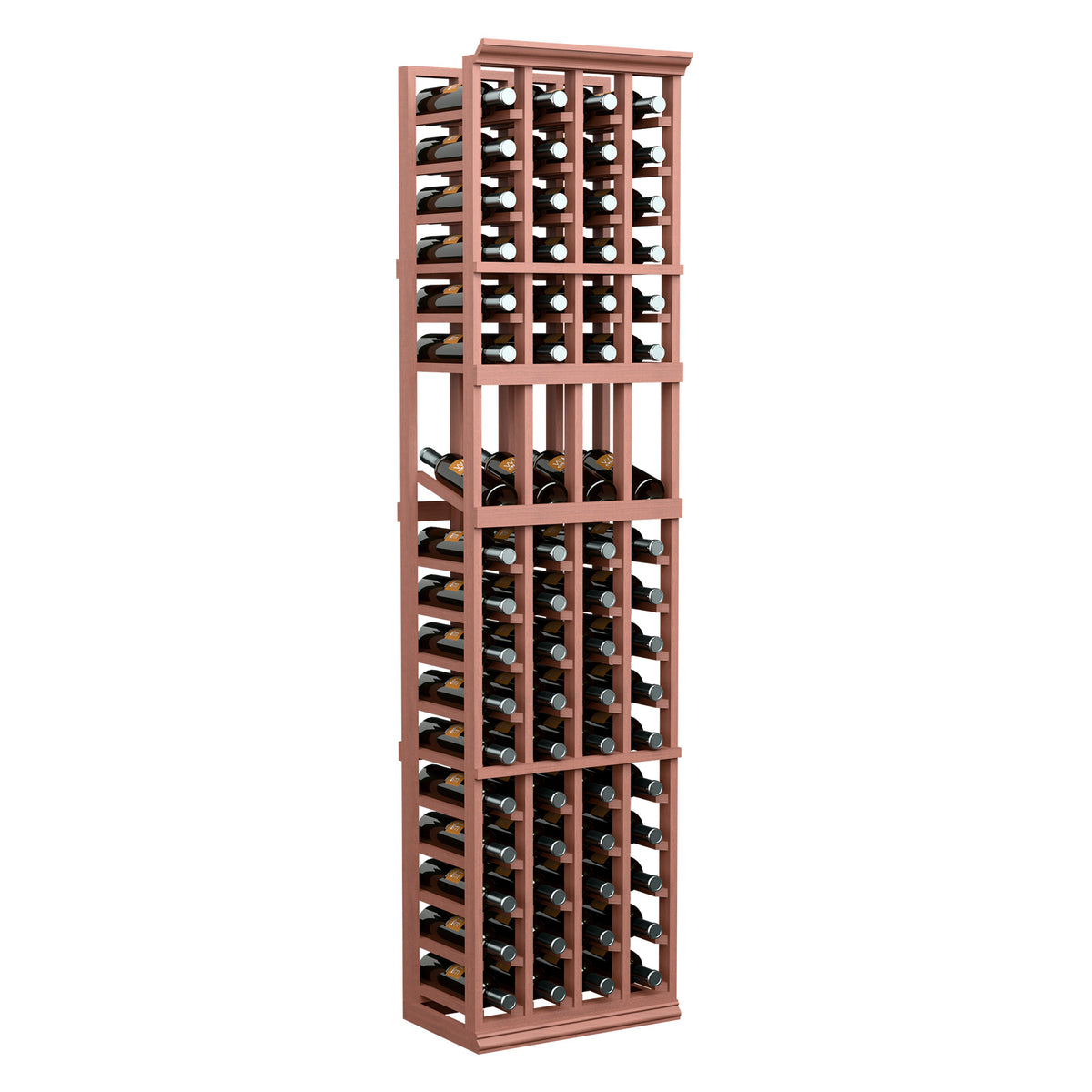 4-column wine bottle display rack in warm red finish with angled bottle slots