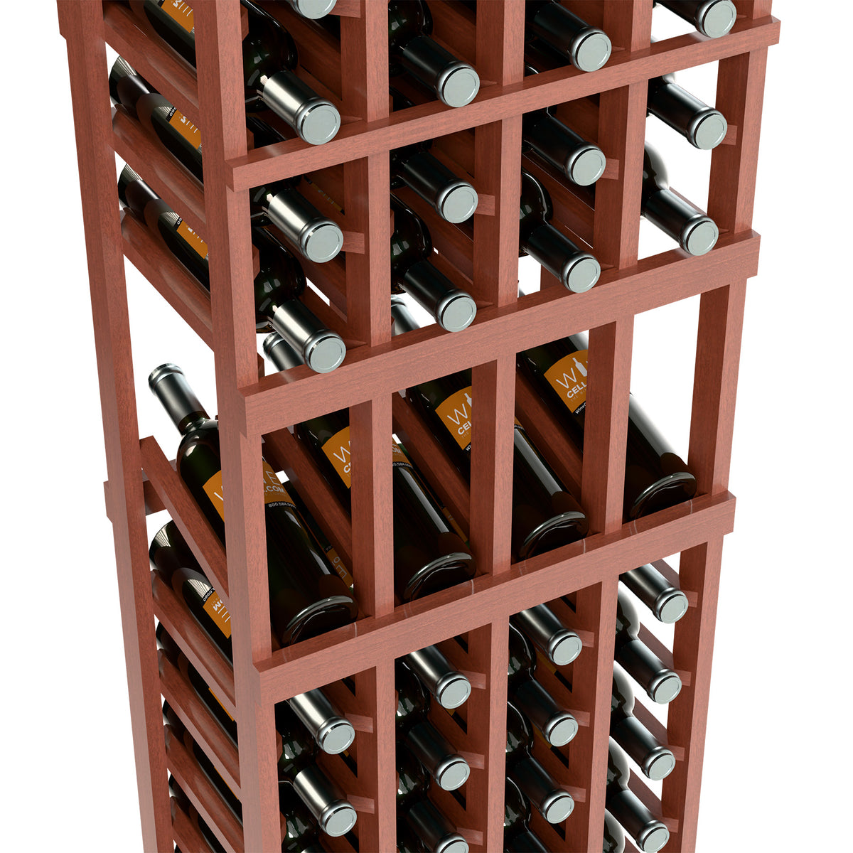 Angle view of warm red wine bottle rack with wooden dividers and bottles
