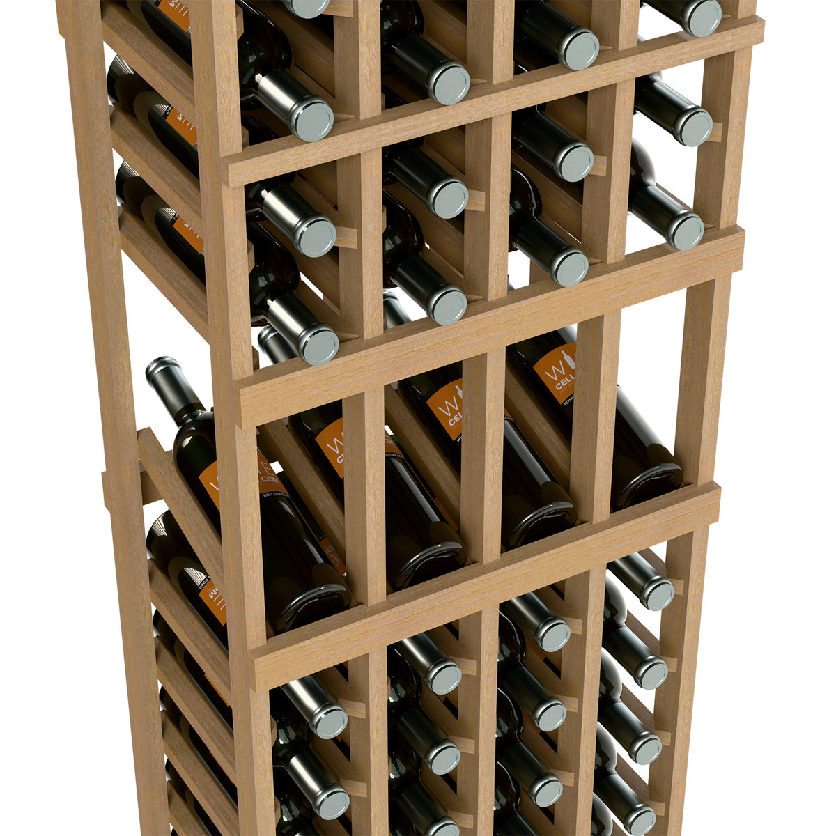 Close-up of light wood wine bottle rack with angled rows and bottle necks