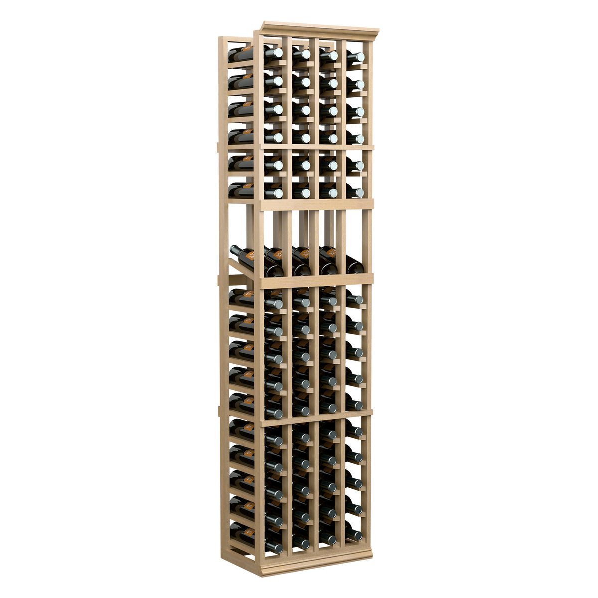 Wood wine bottle display rack with four columns and multiple row holders, 6 ft tall