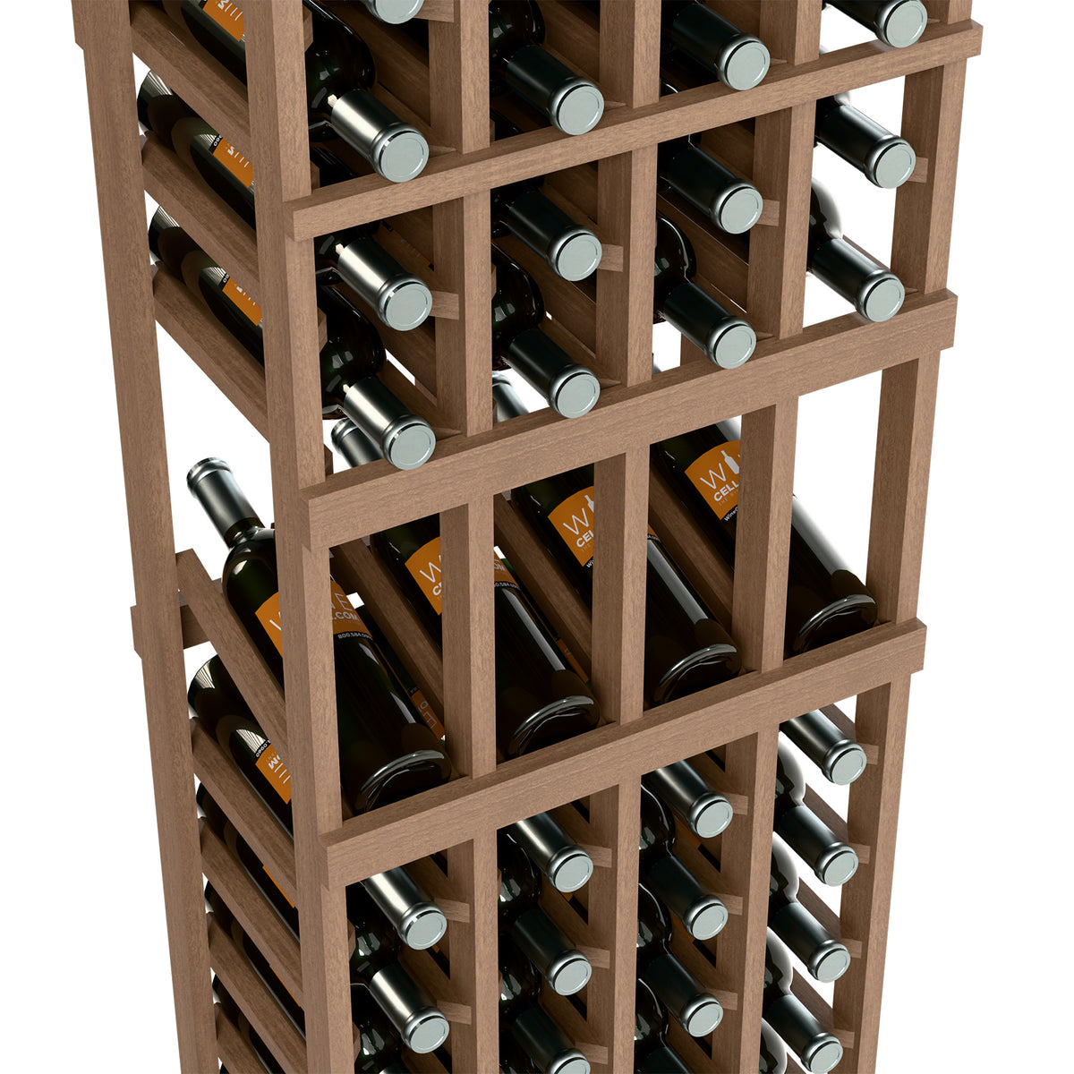 Wood wine bottle rack close-up with four-column compartments and capped wine bottles