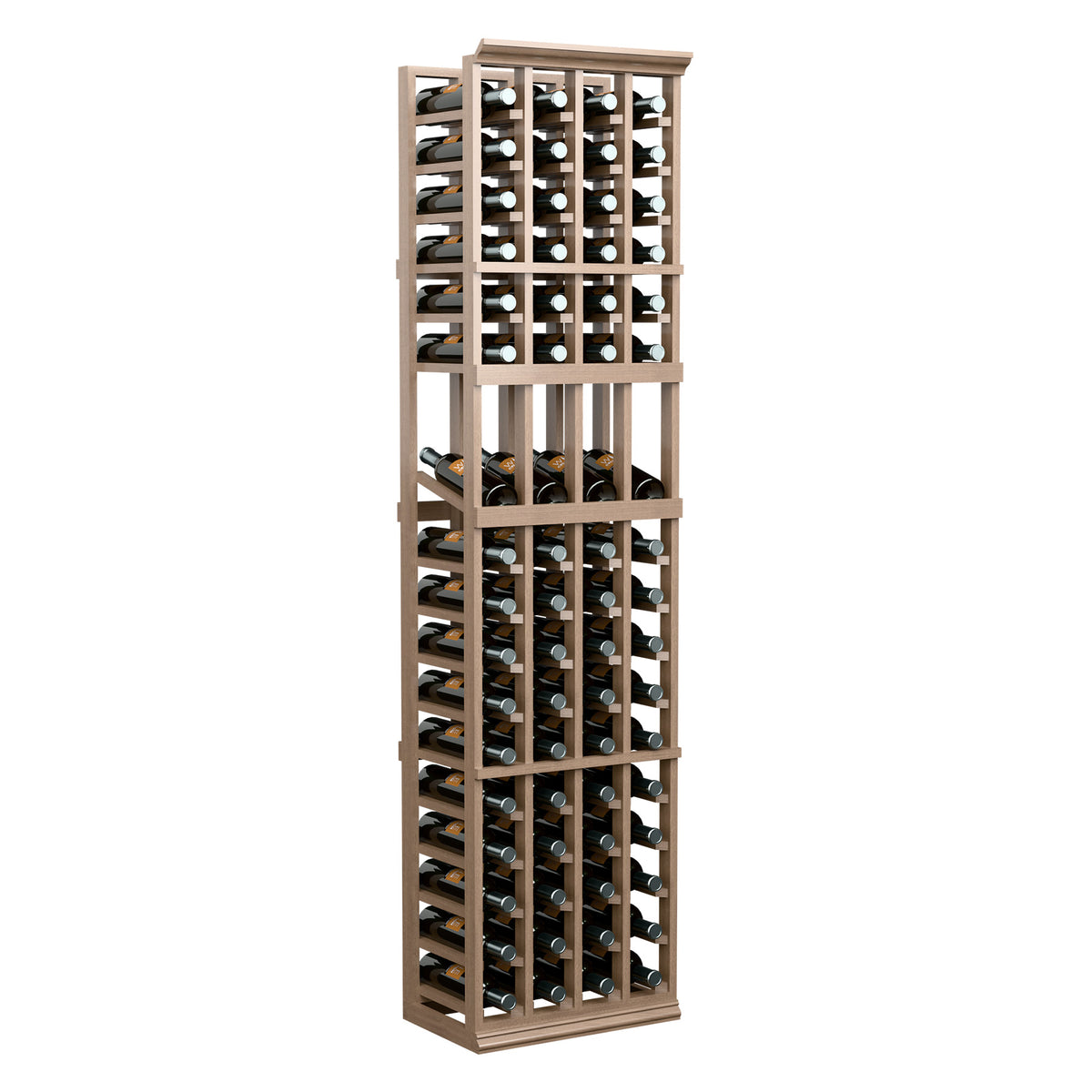 Wood wine bottle display rack with slatted grid and four-column bottle storage, 6 ft