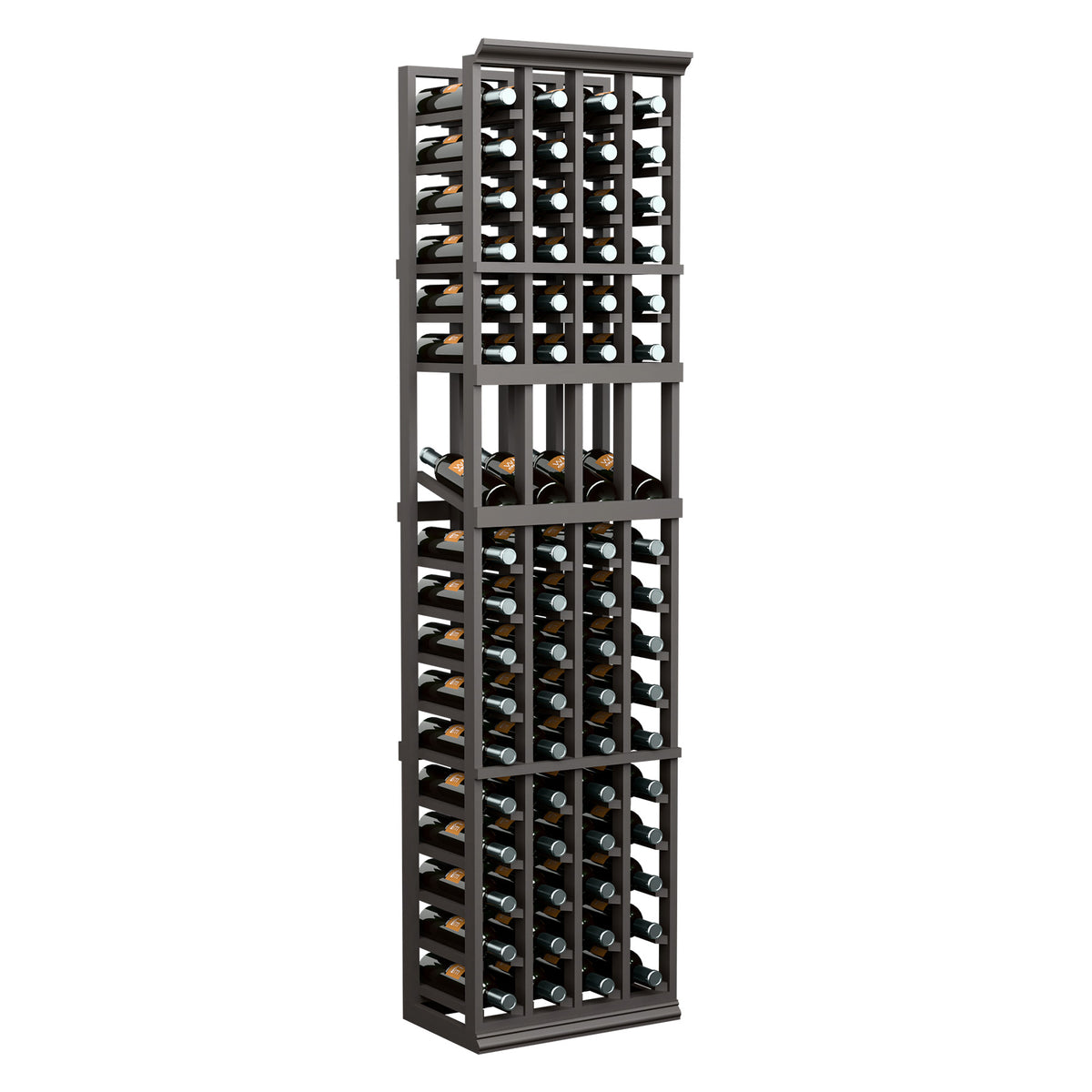 Black wine bottle display rack with four columns and multiple row holders, 6 ft tall