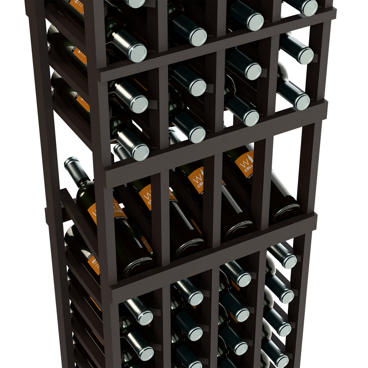 Black wine bottle rack close-up showing four-column grid and silver bottle caps