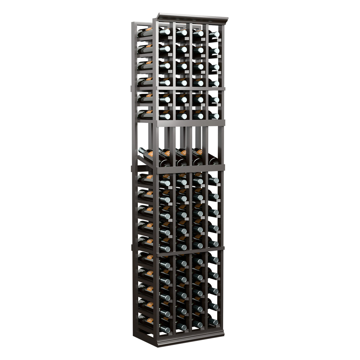 Black wine bottle display rack standing upright with four-column bottle storage grid