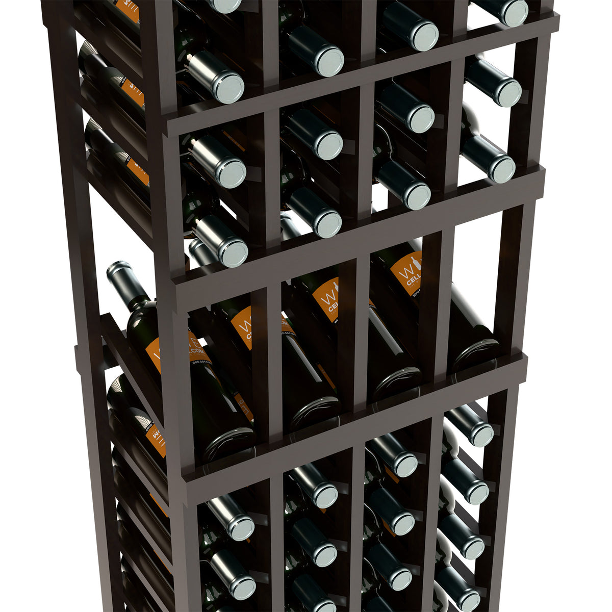 Black wine bottle rack close-up with four-column compartments and stacked wine bottles