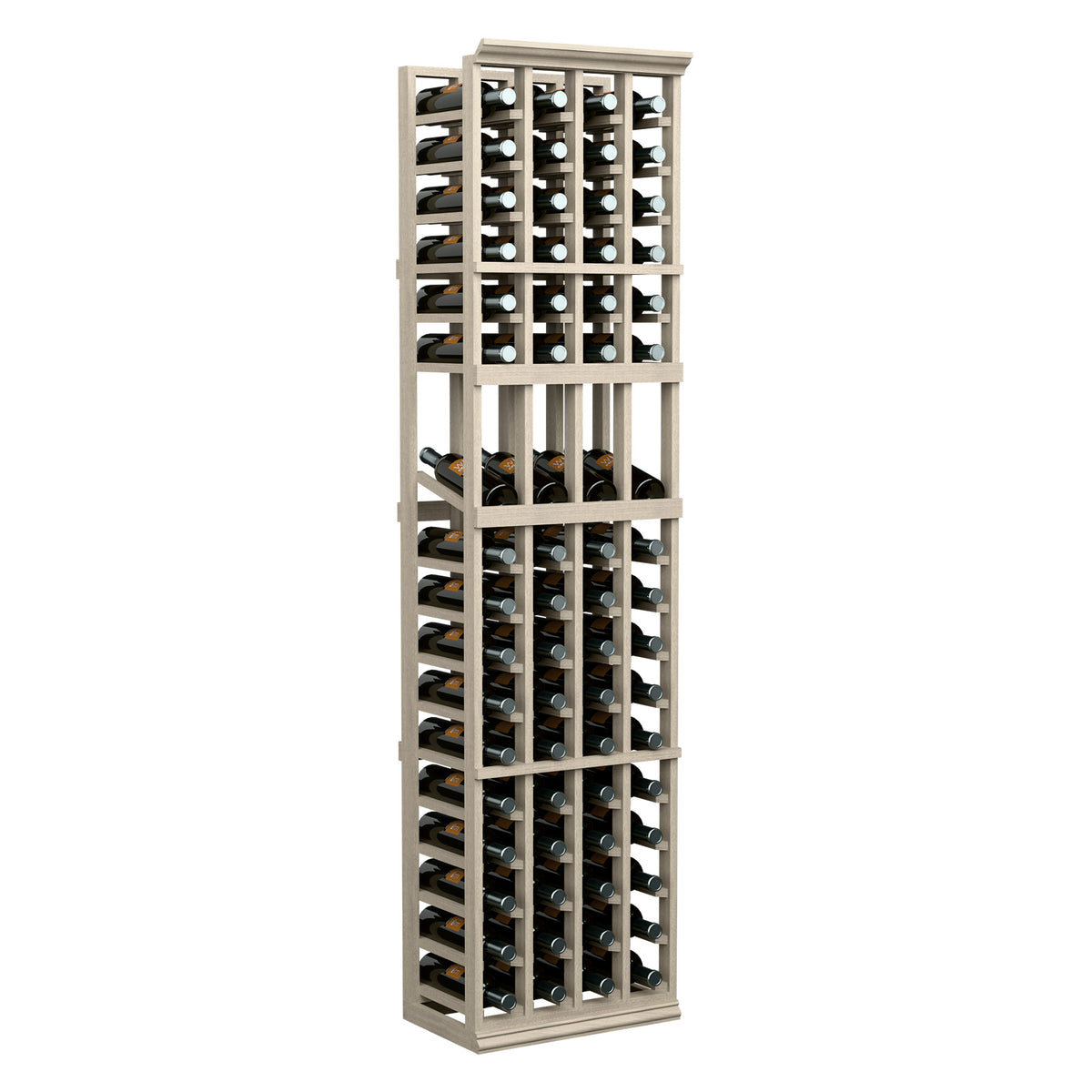 Wine bottle display rack with four columns, tall light-wood frame holding bottles
