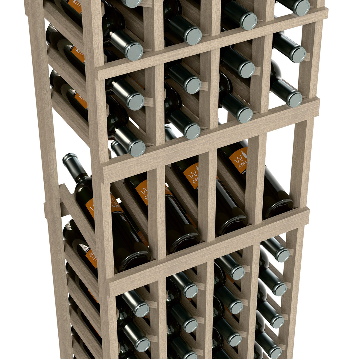 Close-up of four-column wine rack with light wood dividers and bottles in slots