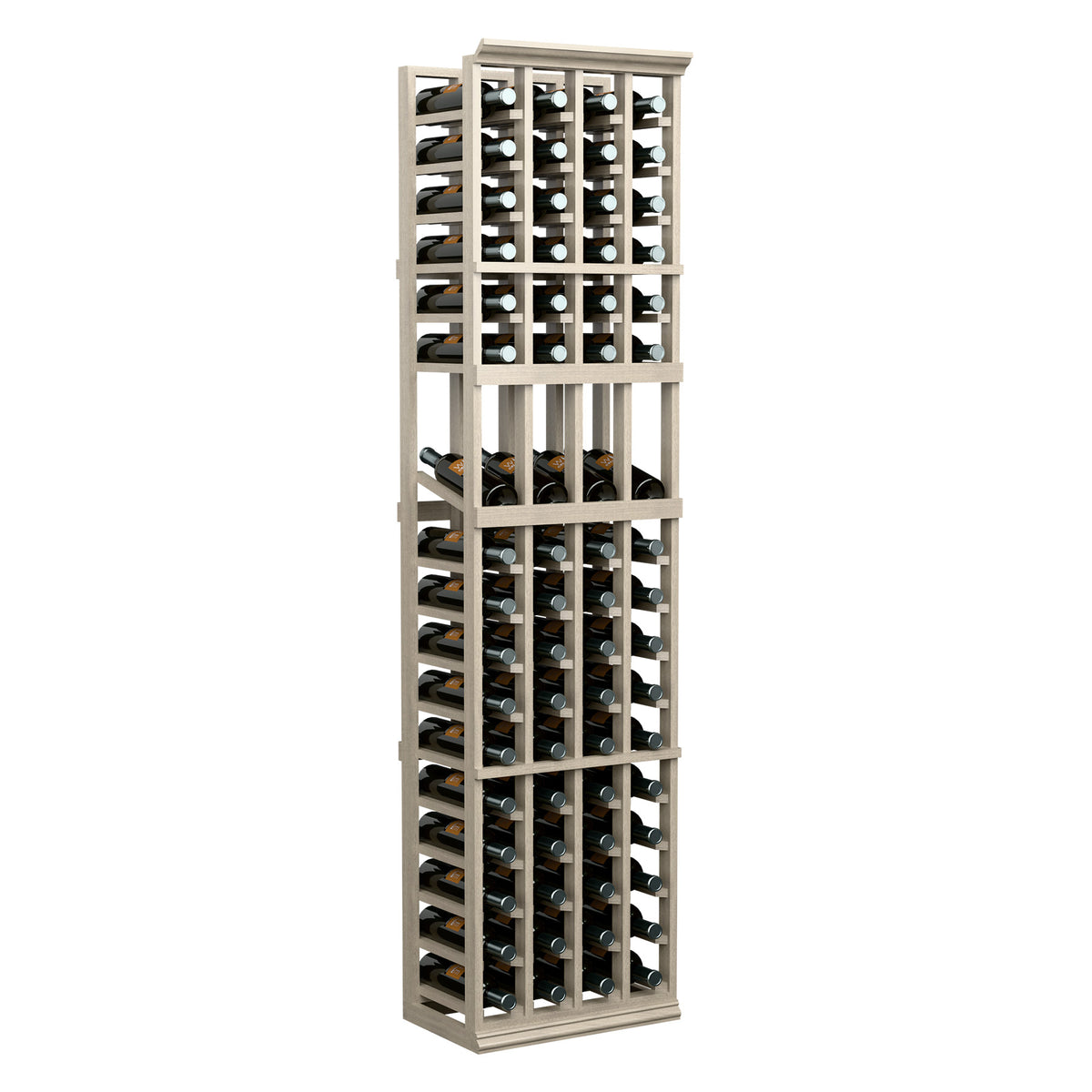 Tall four-column wine bottle display rack with light wood frame and filled bottle rows