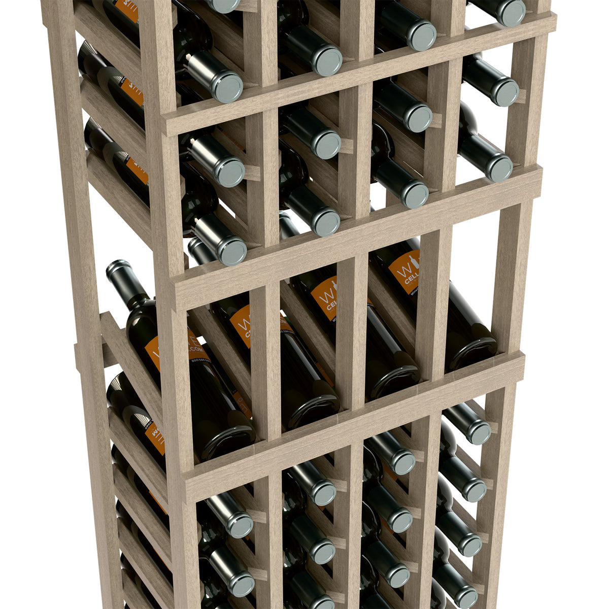 Close-up of wine bottle display rack showing light wood grid and bottle necks