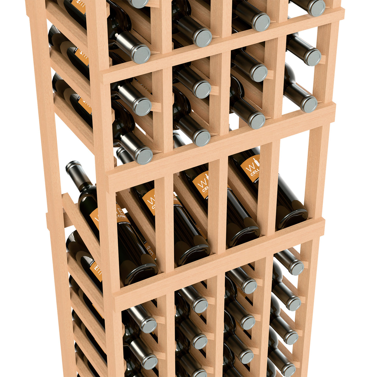 Close-up of four-column wine rack with natural wood dividers and assorted bottles