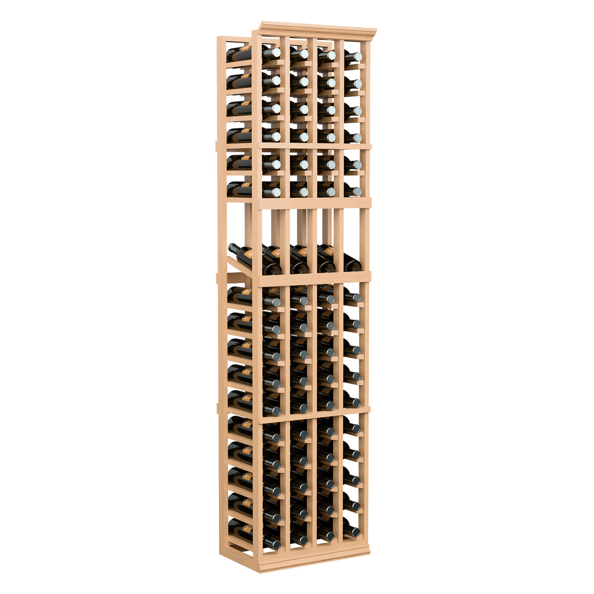 Four-column wine bottle display rack with natural wood frame and bottle-filled shelves