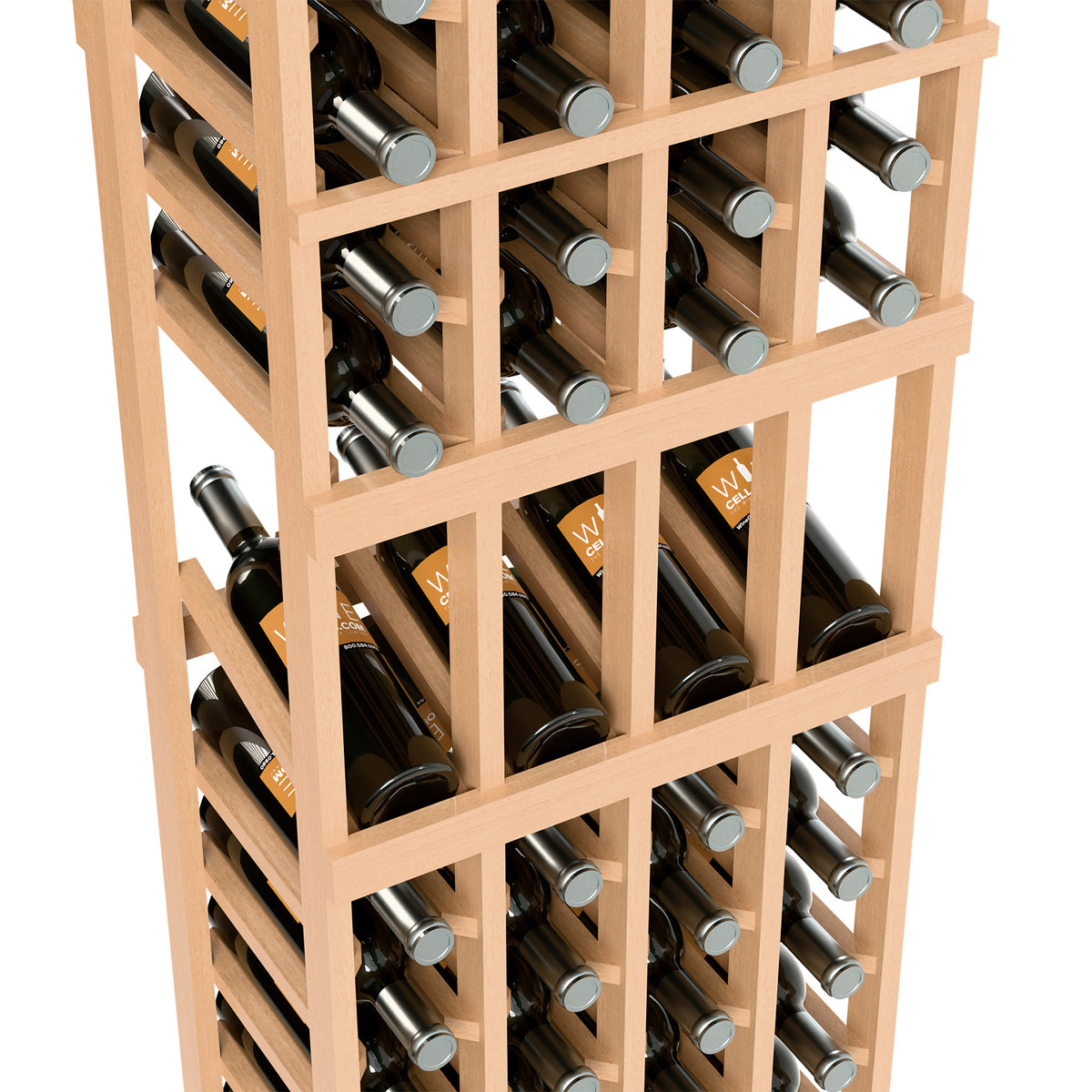 Close-up view of natural wood wine rack grid holding bottles in each column
