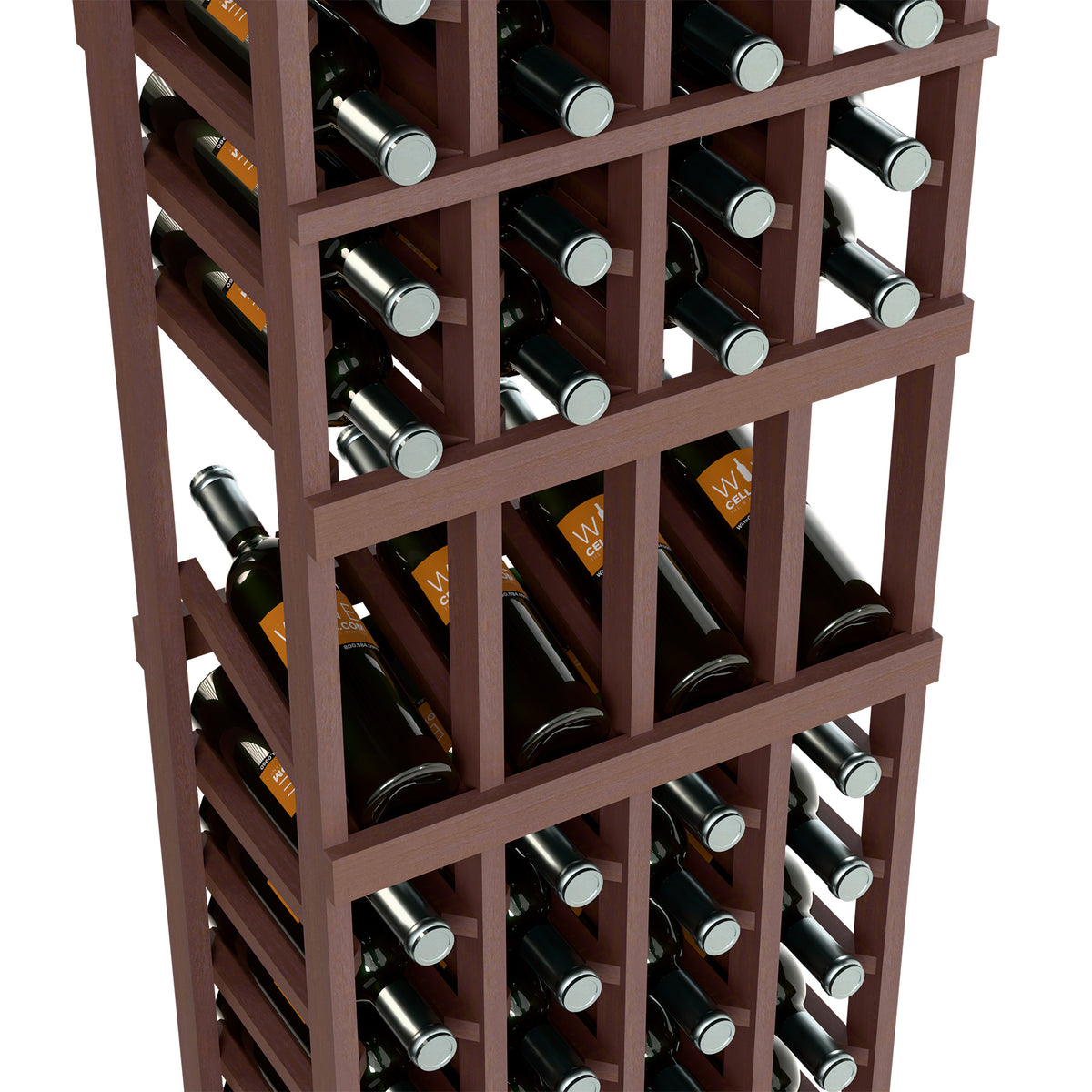 Close-up of dark wood four-column wine rack with bottles stored in the grid