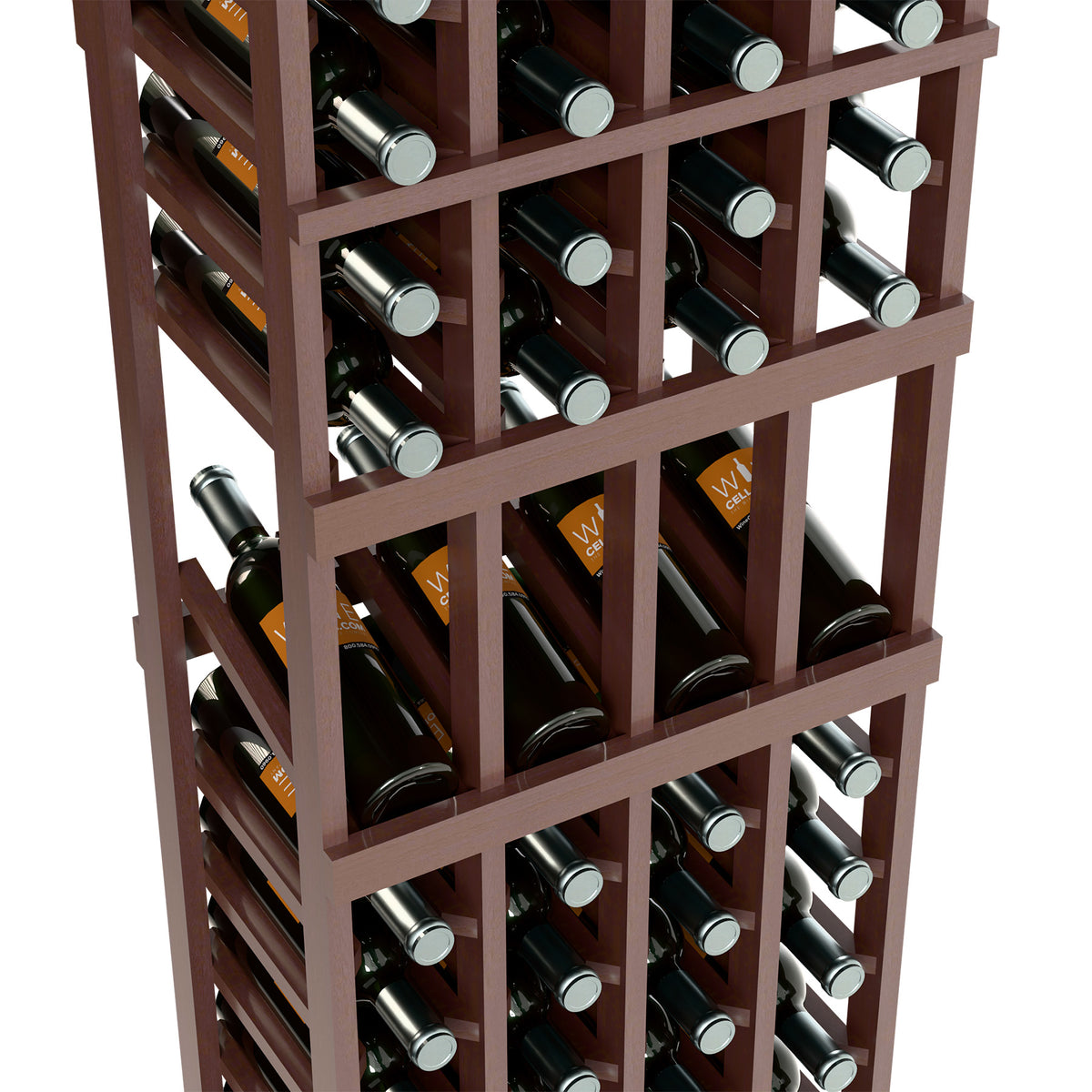Close-up of dark wood wine rack with grid shelves holding bottles with caps