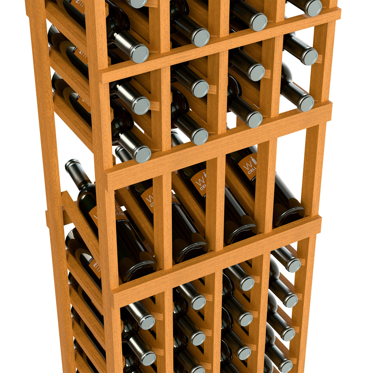 Close-up of light wood wine rack with grid shelves holding wine bottles
