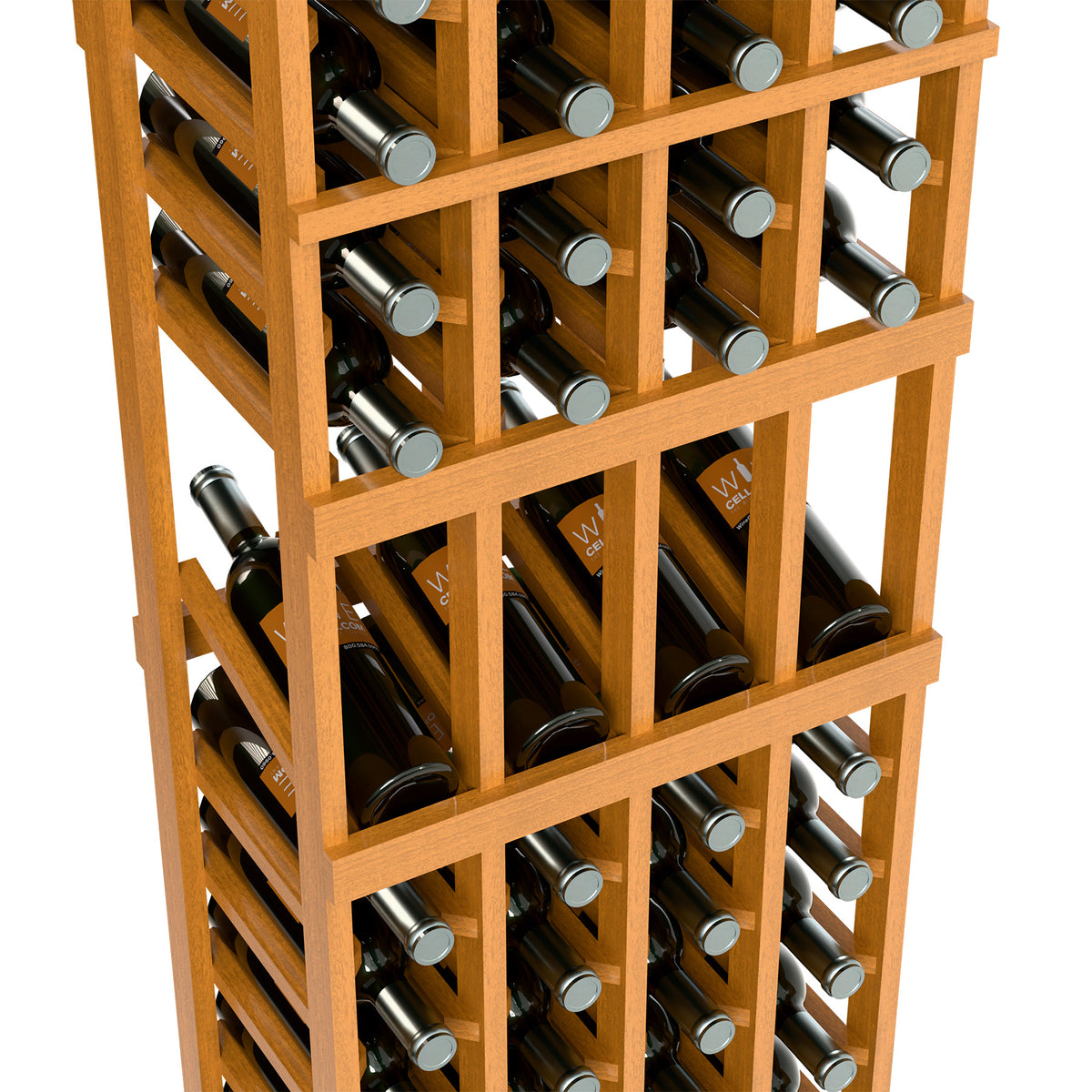Close-up of light wood wine rack showing rows of bottles with silver tops