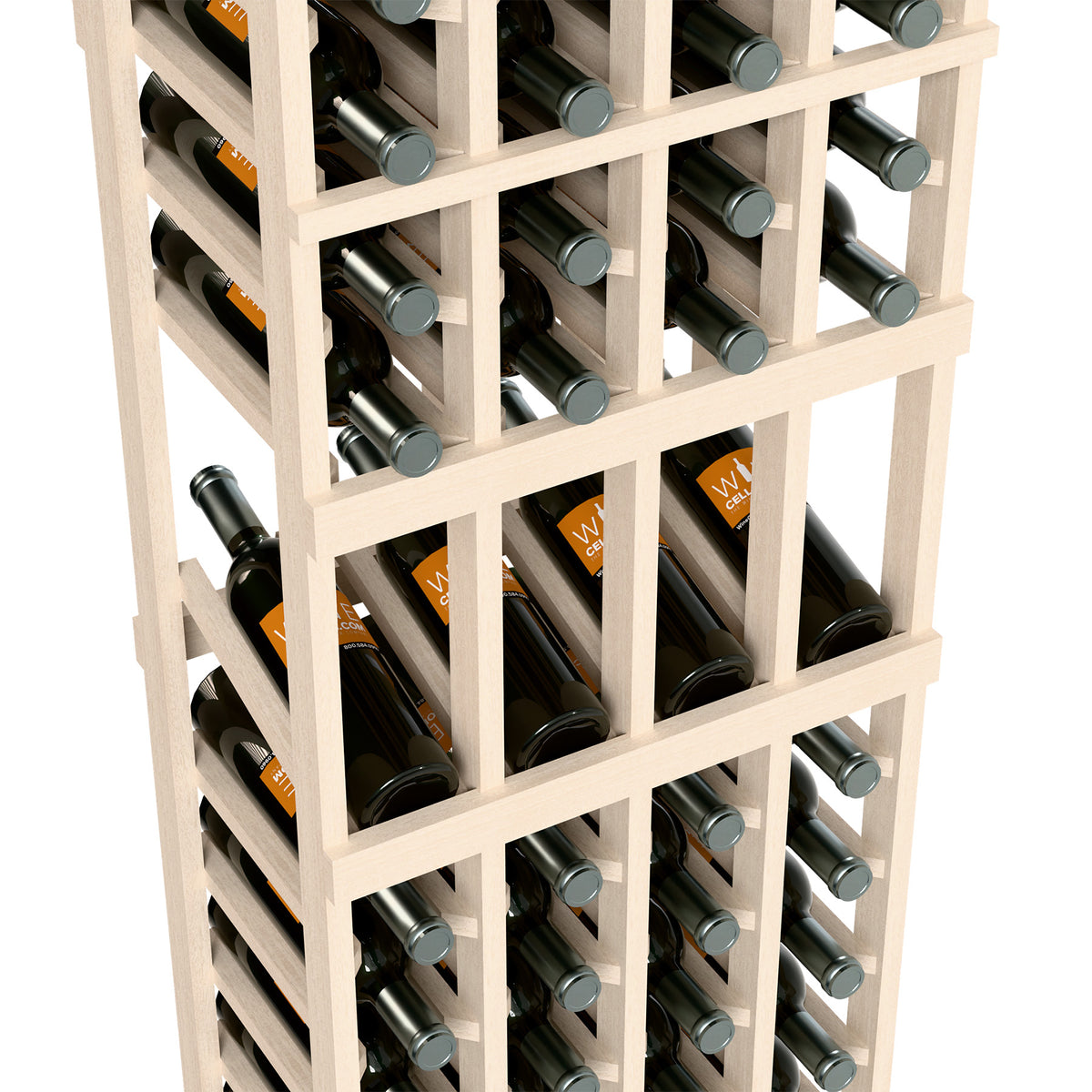 Close-up of whitewashed wine rack with grid shelves holding bottles