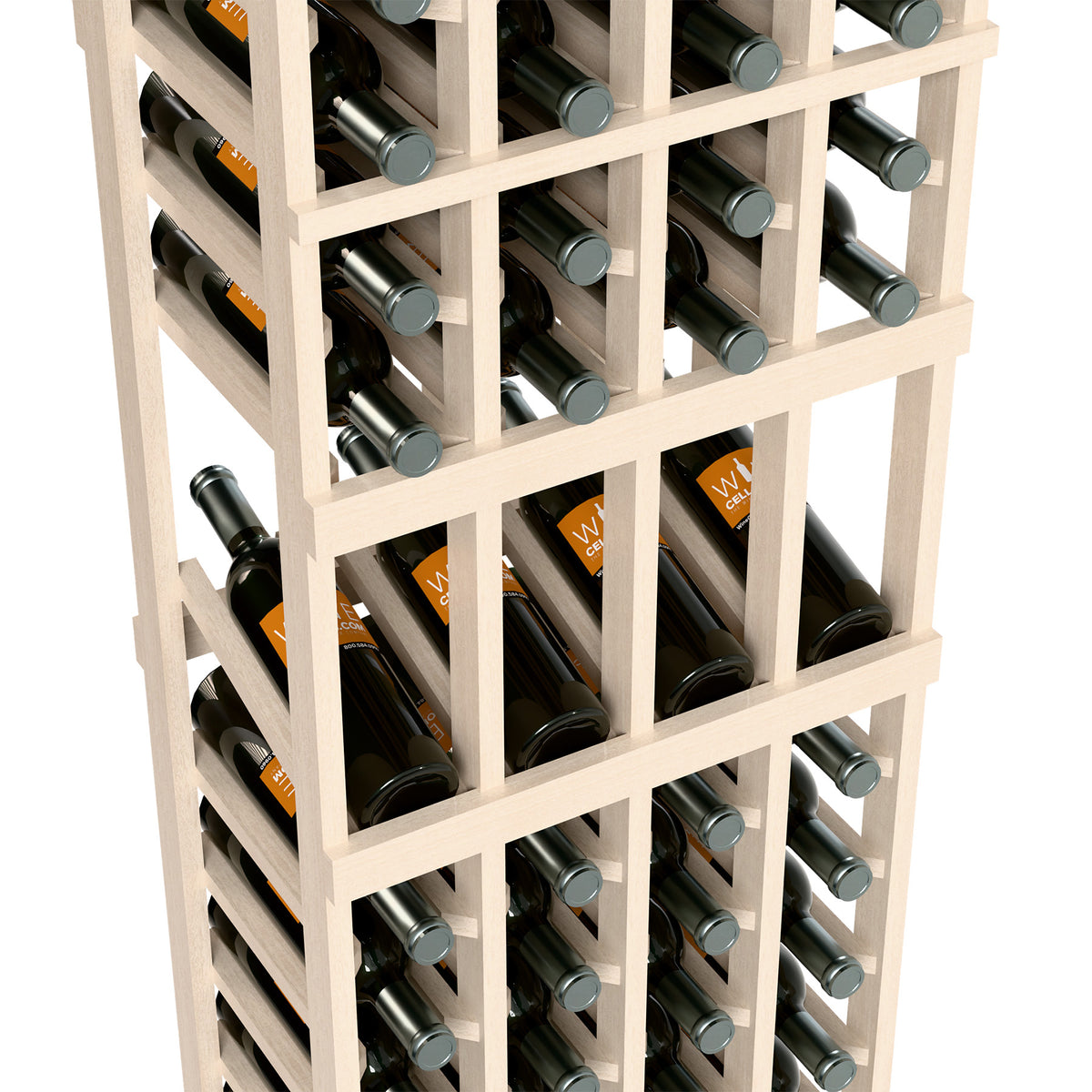 Close-up of whitewashed wine rack with shelves holding wine bottles