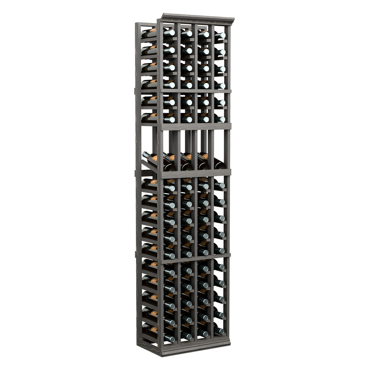 4-column wine display rack with dark stained wood frame and open bottle slots