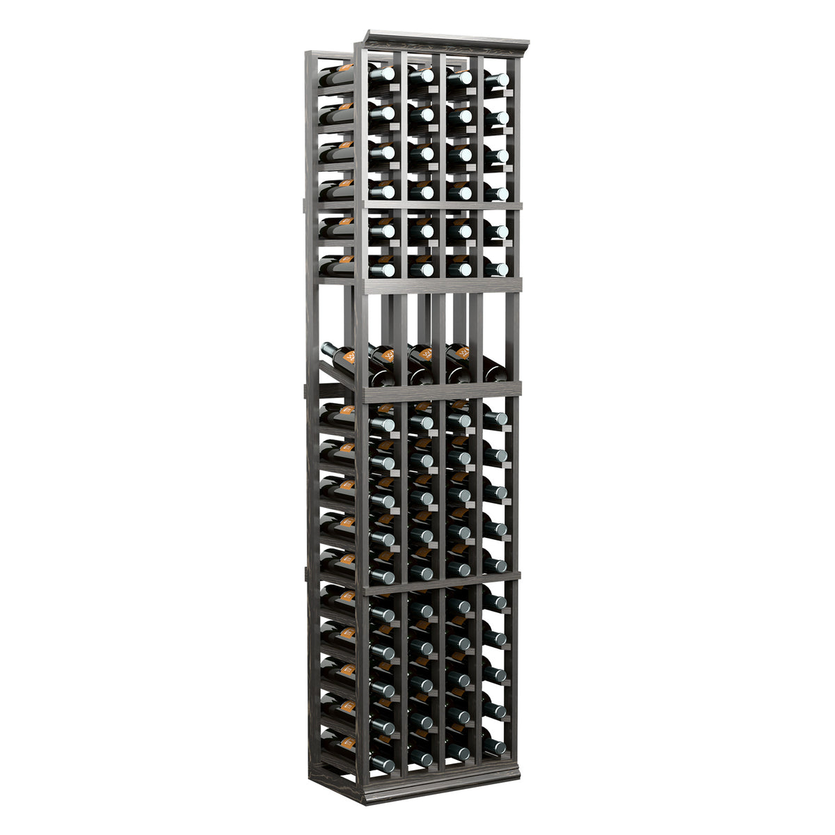 4-column wine display rack in dark stained wood with square grid for bottles