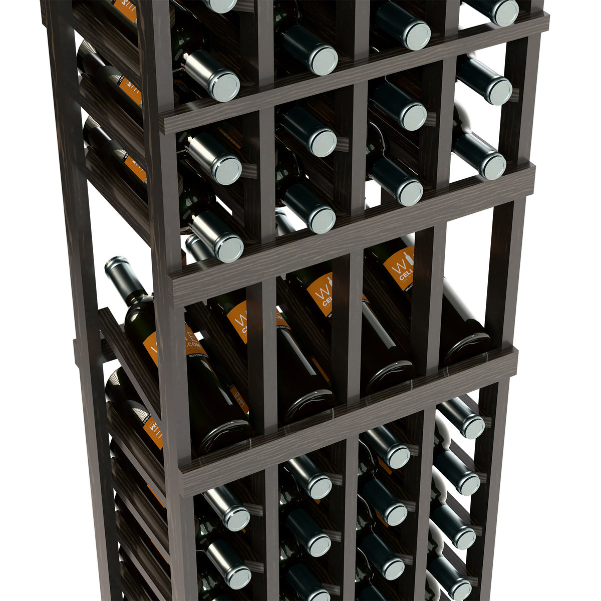 Close-up view of 4-column wine rack with dark wood shelves holding bottles