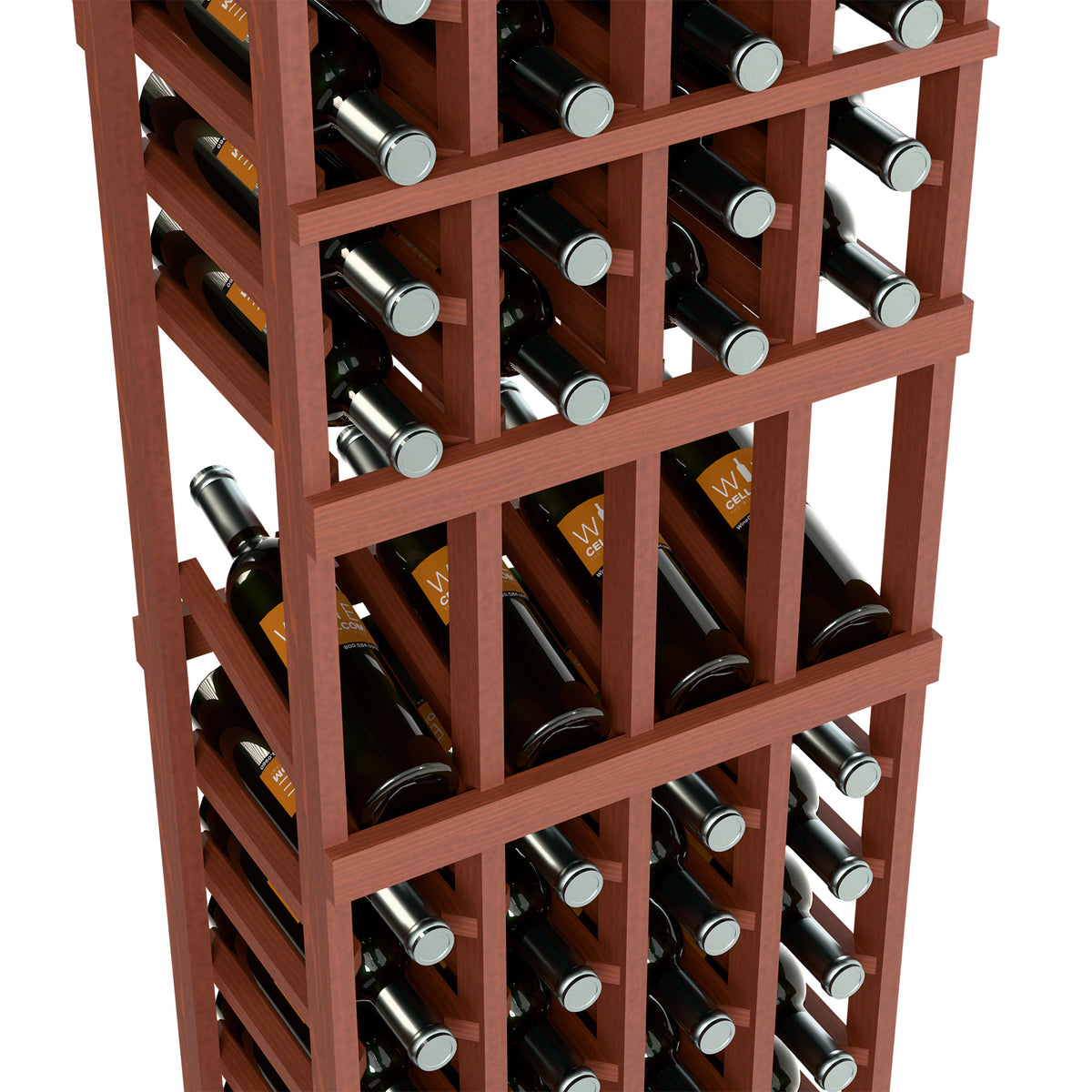 Close-up of 4-column wine rack with red-brown wood grid and wine bottles