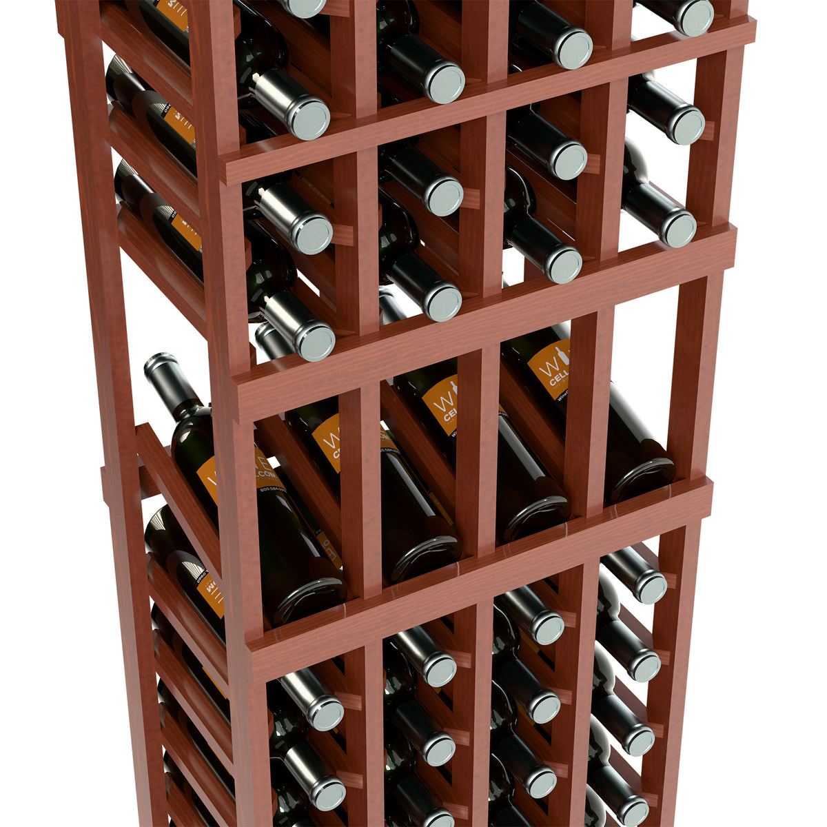 Close-up of 4-column wine display rack showing red-brown wood shelves and bottles