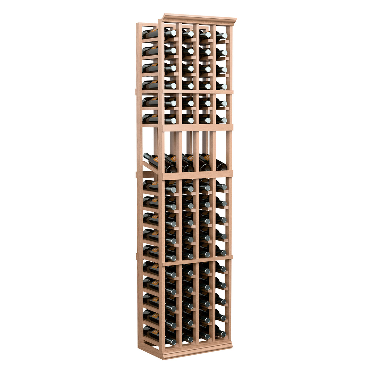 Light wood 4-column 6FT wine bottle display rack with multiple bottle cradles
