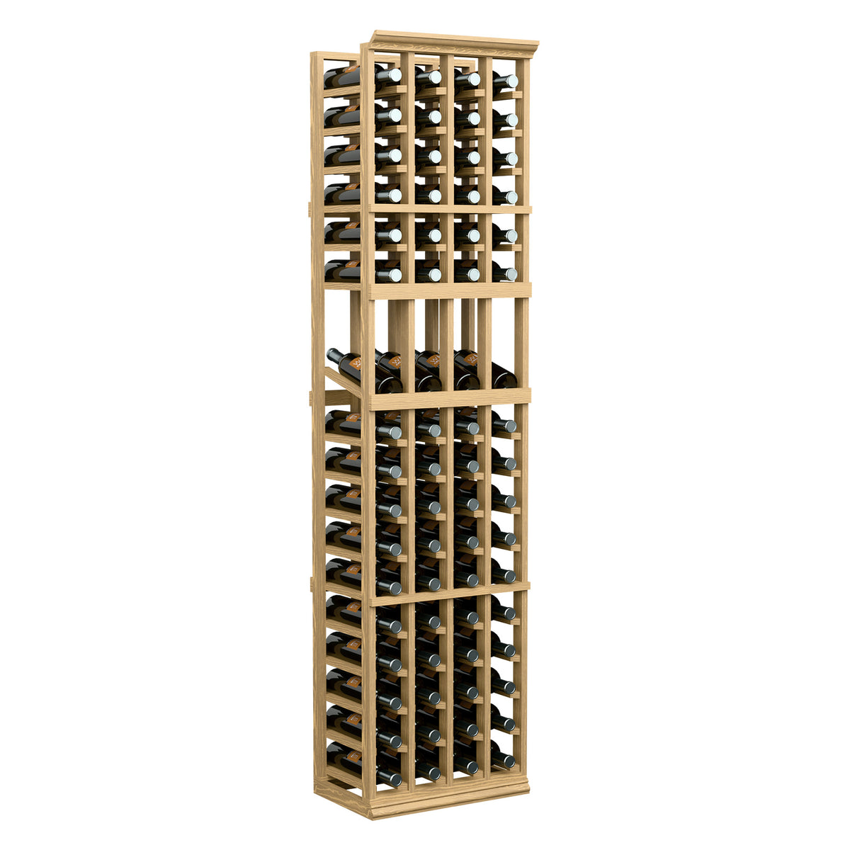 Light wood 4-column 6FT wine bottle display rack with front bottle cradles