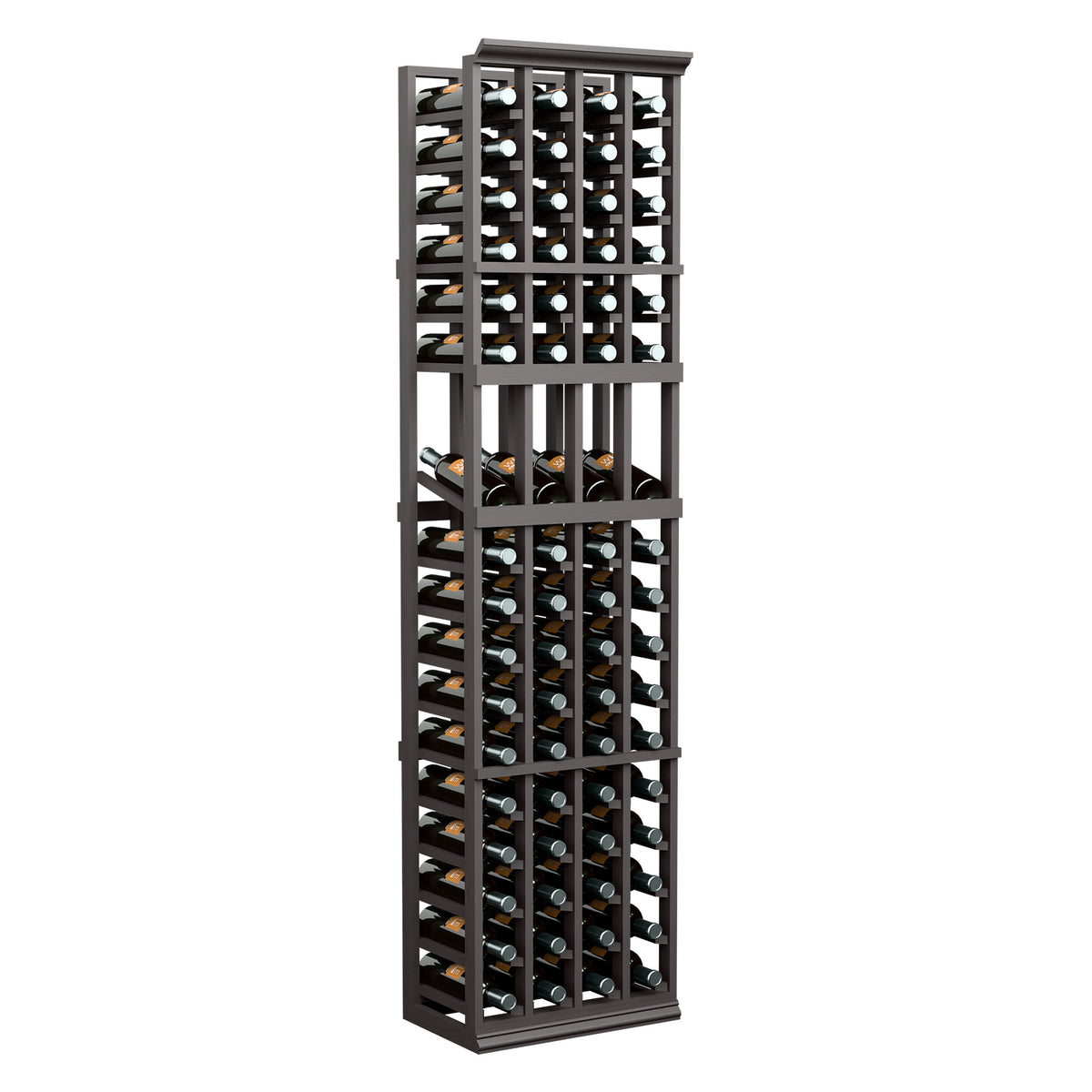 Dark wood 4-column 6FT wine bottle display rack with multiple bottle cradles