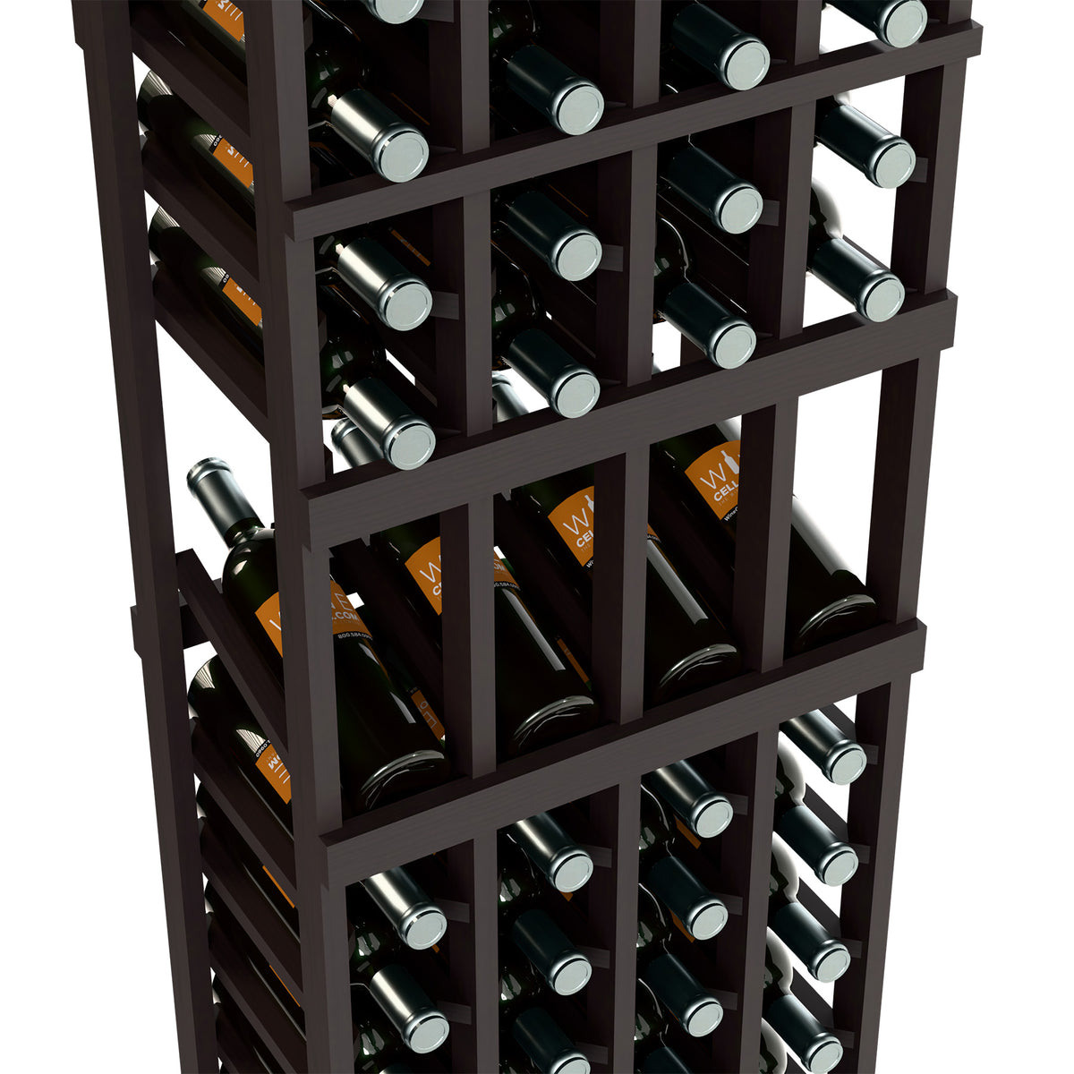 Close-up of dark wood 4-column wine bottle rack with bottle necks and caps