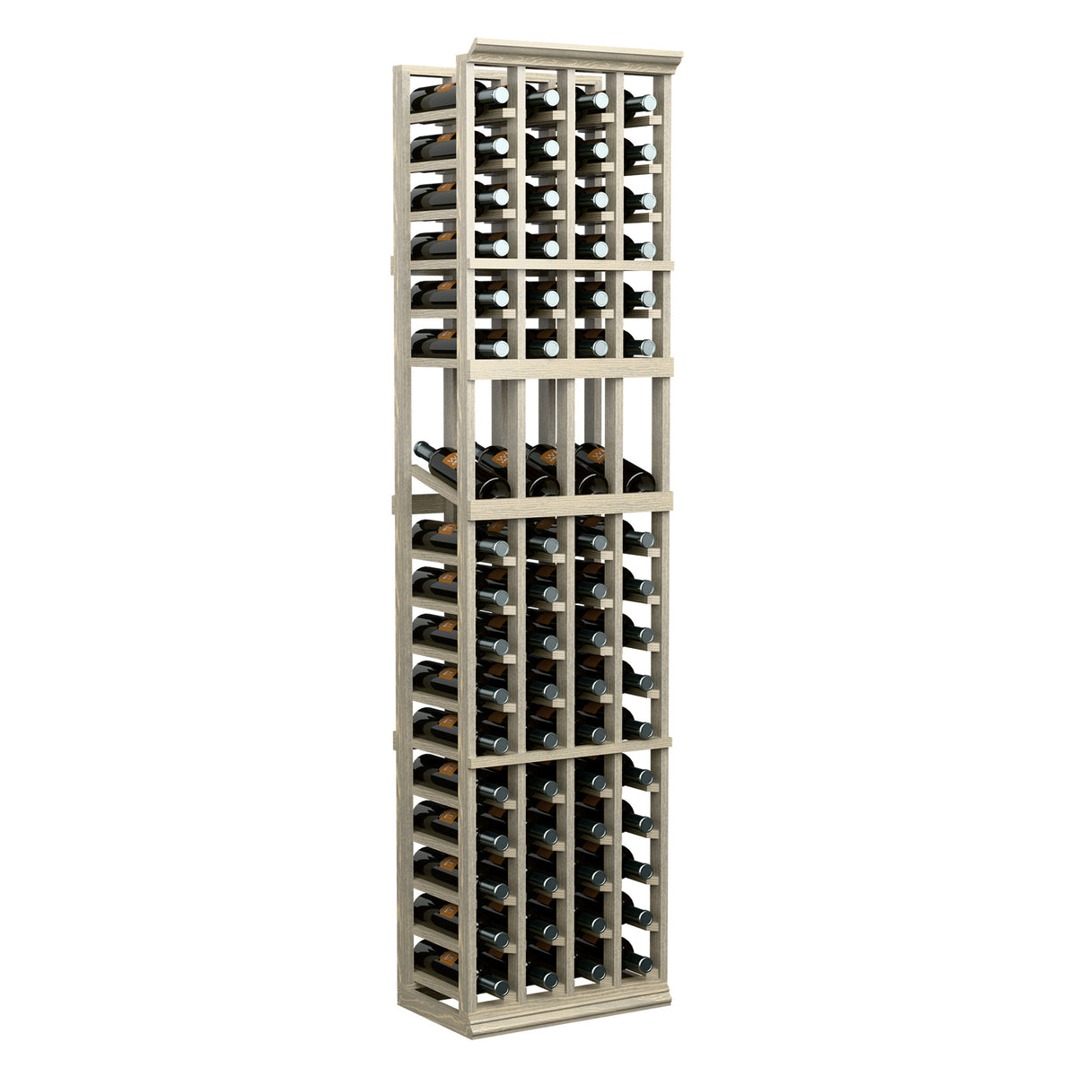 6FT wine bottle display rack with four columns, light wood frame with bottles