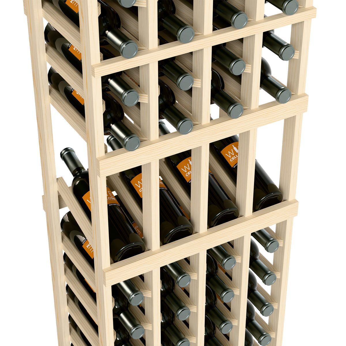 Light wood wine bottle display rack close-up with bottles in staggered compartments