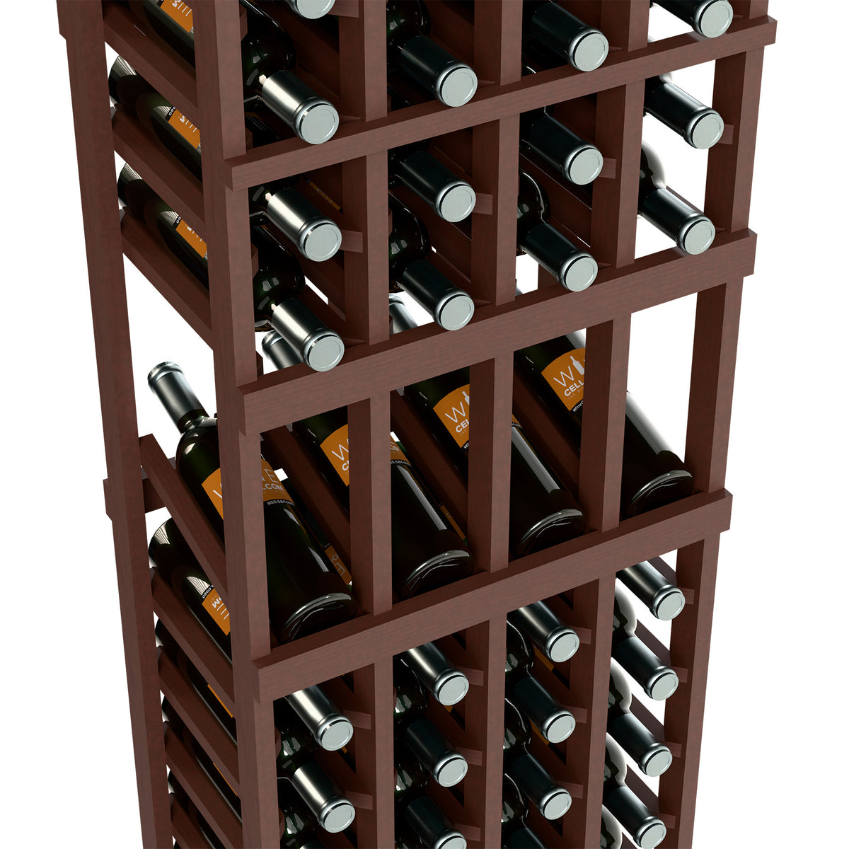 Dark wood wine bottle display rack close-up with bottle slots and caps