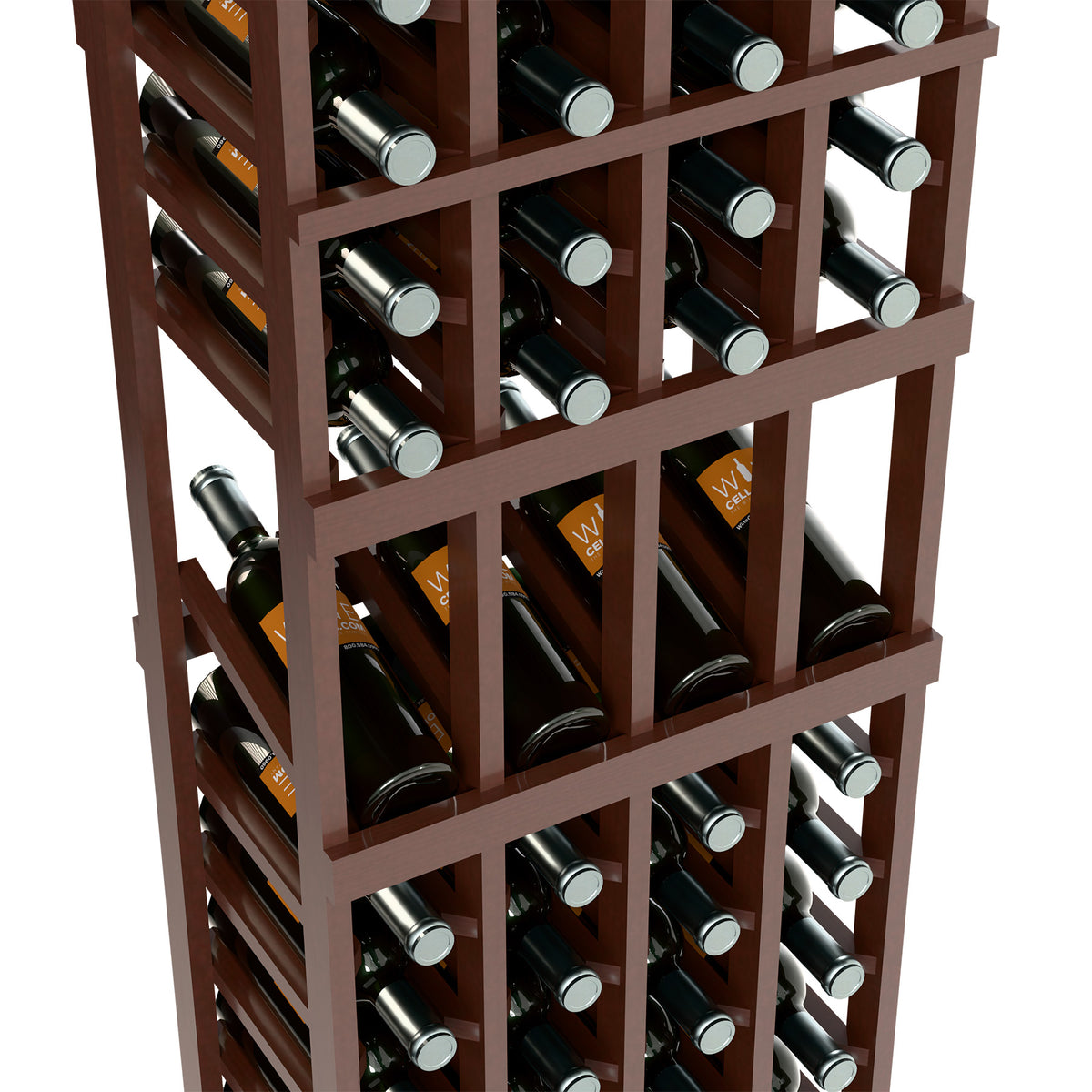 Dark wood wine bottle rack close-up, 4-column grid with bottle necks and caps visible