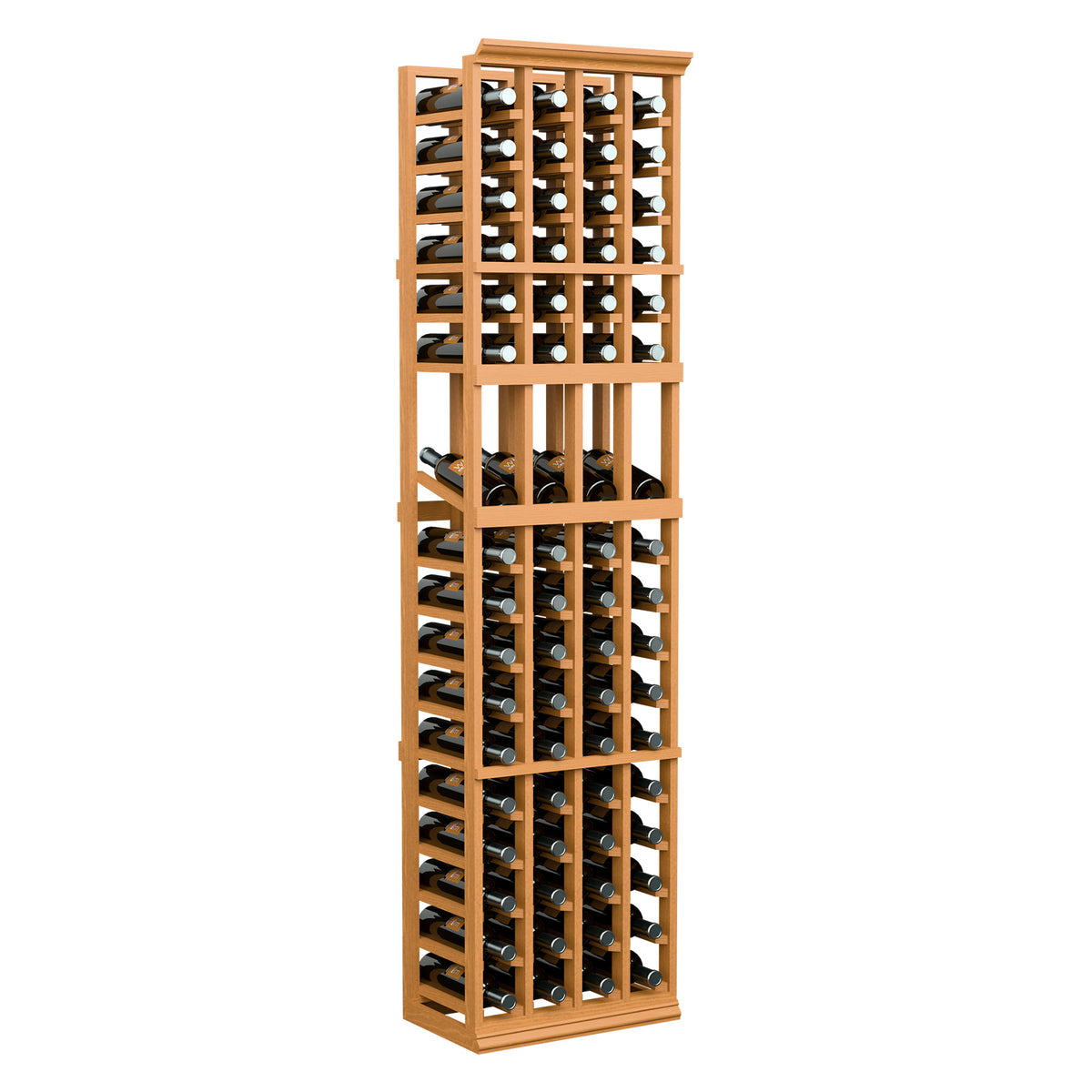 Light wood wine bottle display rack, 4 columns, stores bottles in cubby shelves