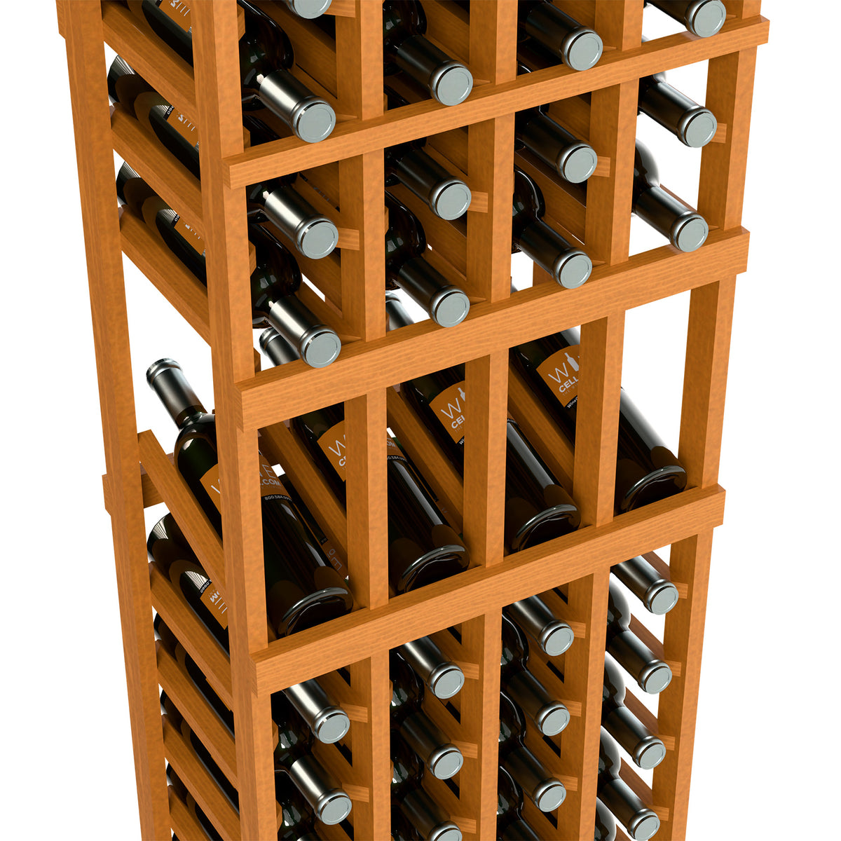Light wood wine bottle rack close-up, 4-column grid with bottles and metal caps
