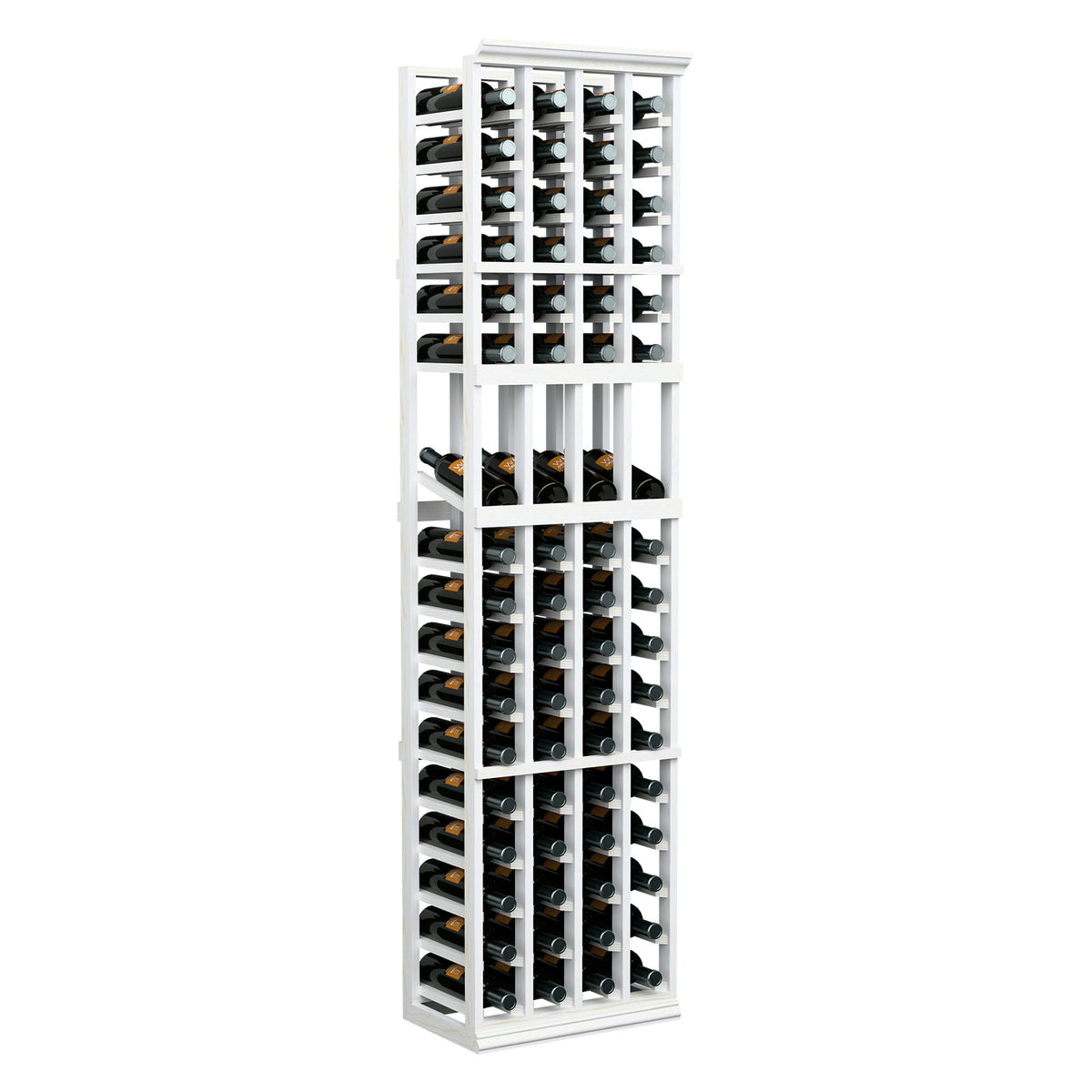 White wine bottle display rack, 4 columns, holds bottles in a grid of cubbies